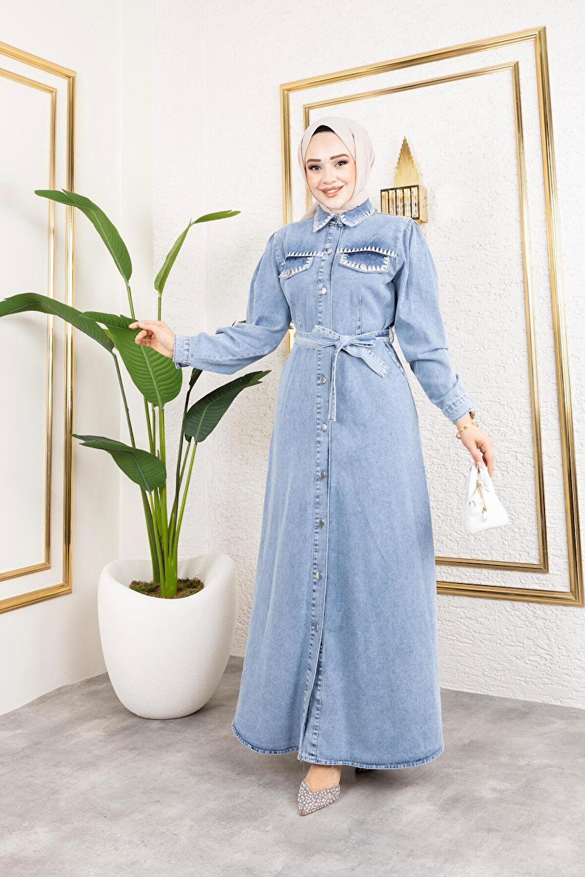 Kadın Cep Detaylı Denim Kot Elbise