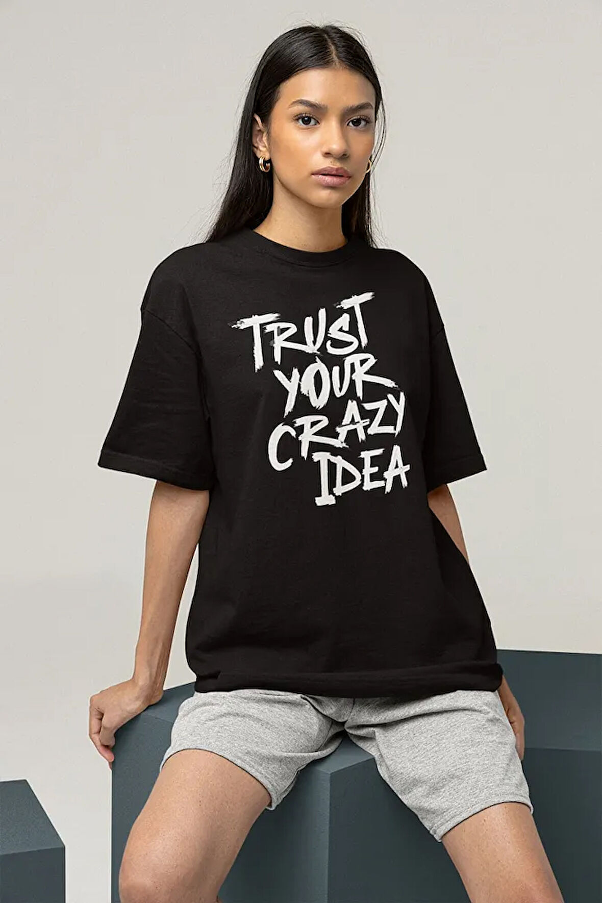 Trust Your Crazy Idea Yazılı Unisex Tişört, Oversize Tasarım Tişört