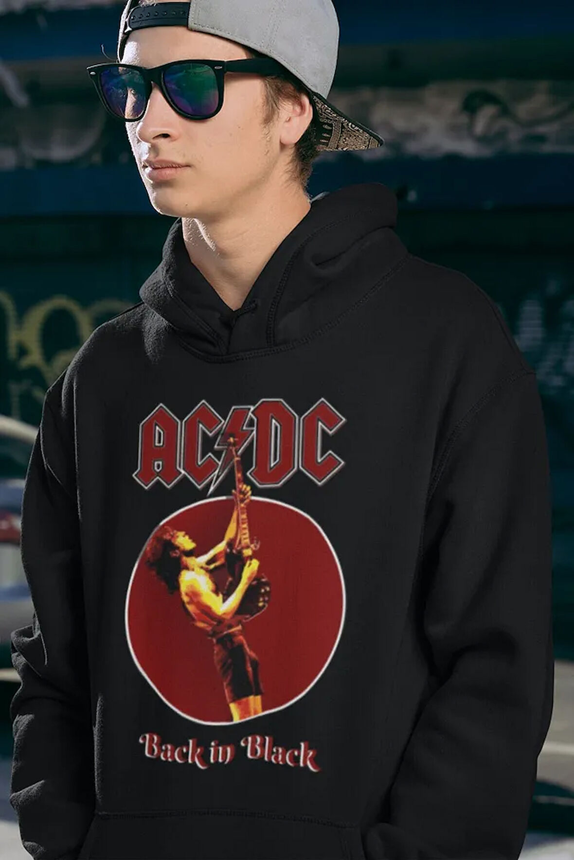 Ac Dc Back In Black Baskılı Unisex Oversize Rock Metal Hoodie