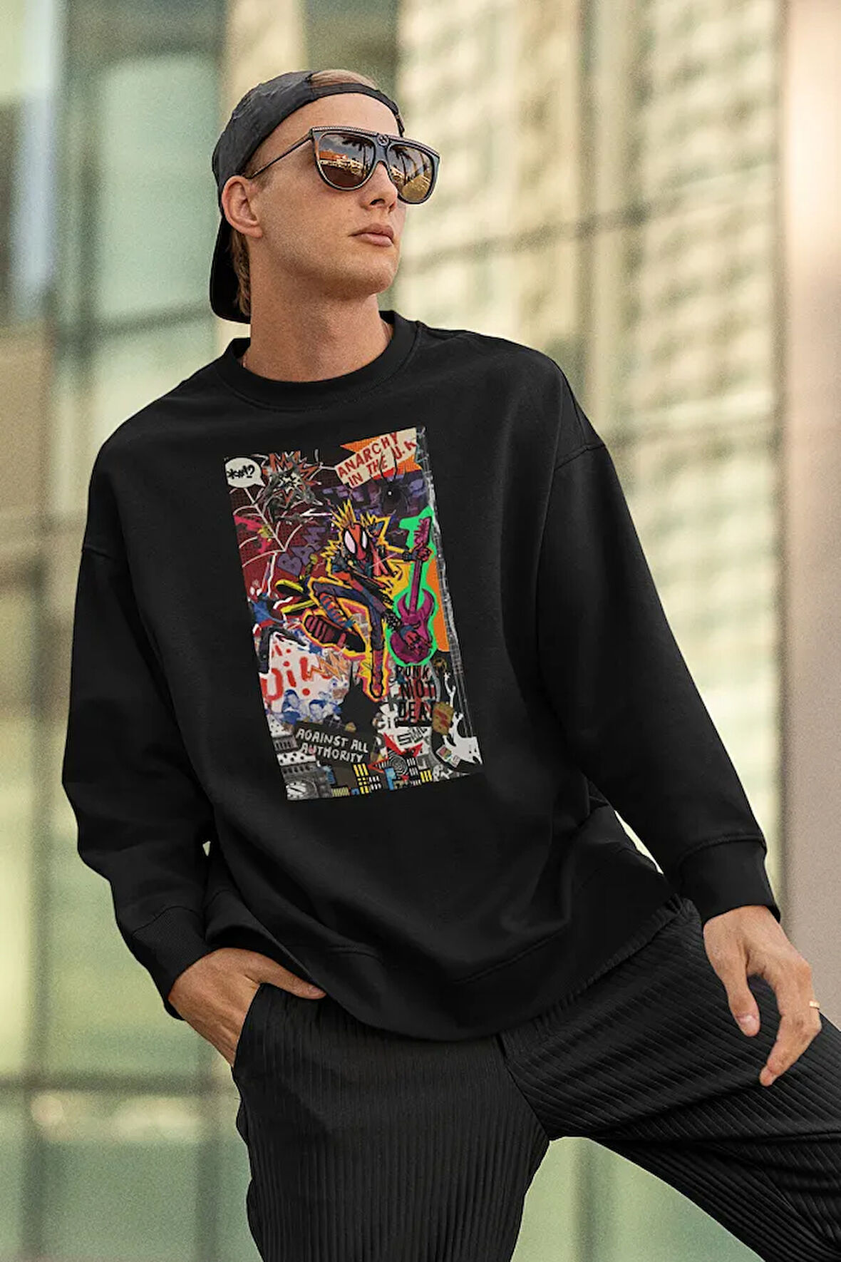 Tasarım Örümcek Adam Baskılı Unisex Oversize Spider Punk Sweatshirt