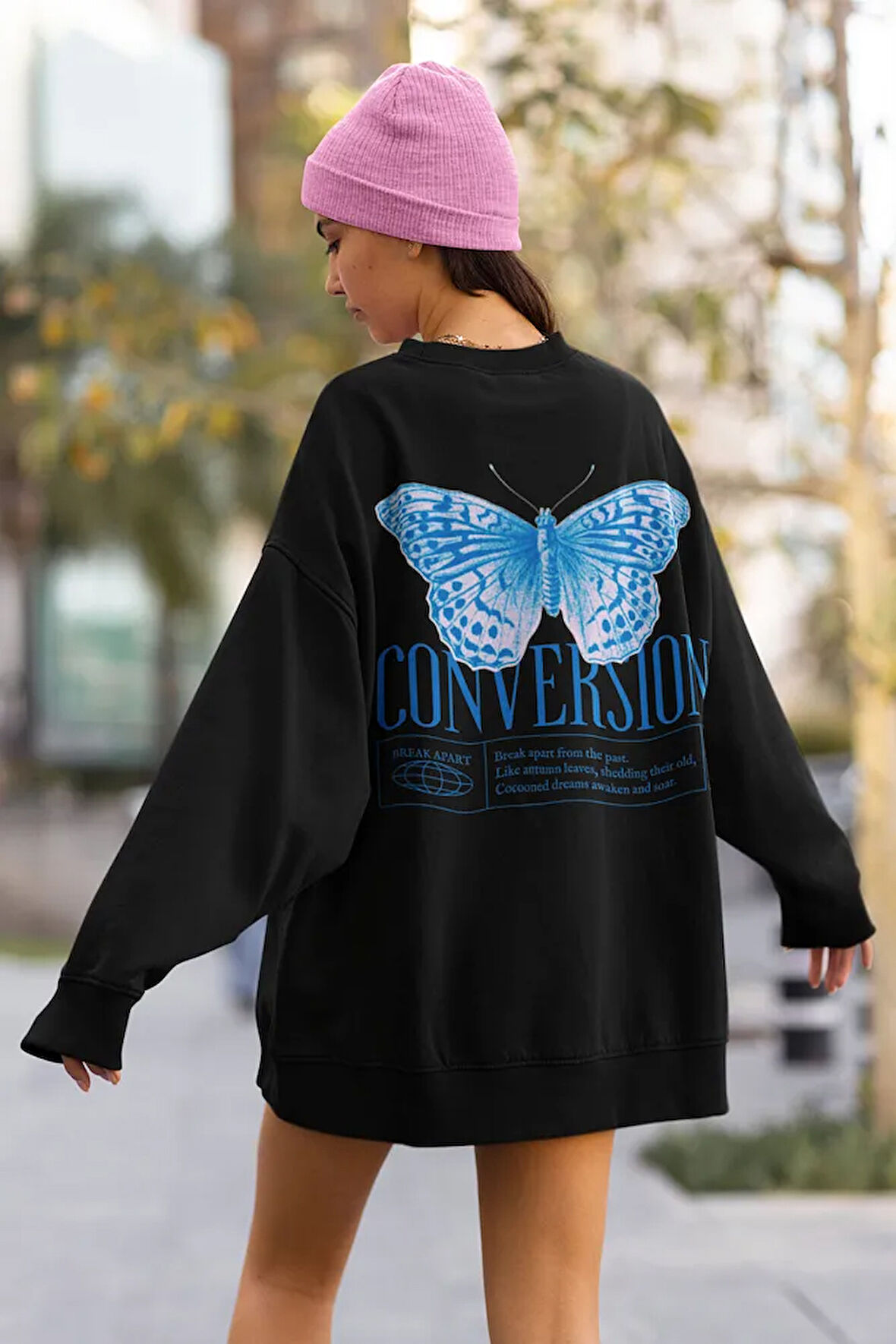 Tasarım Kelebek Baskılı Unisex Oversize Conversion Sweatshirt