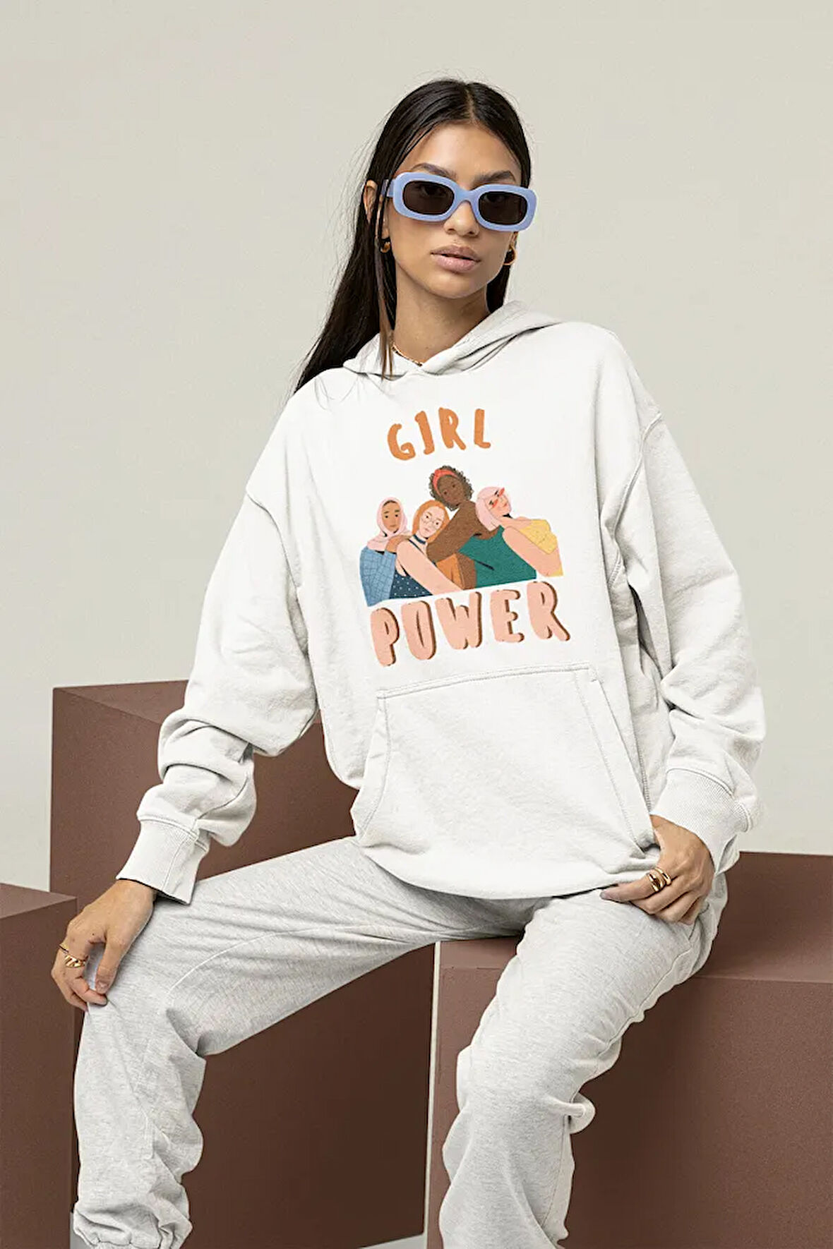 Girl Power Baskılı Unisex Oversize Hoodie