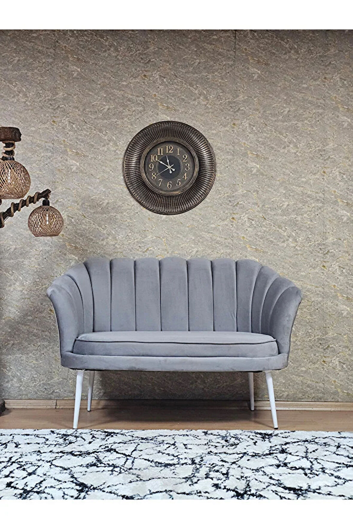 İkili İstiridye Beyaz Boyalı Sivriltme Ayak Çay Seti Koltuk Tekli Berjer , İkili Berjer Koltuk Gri Renk 110 x 48 Boyut/Ebat