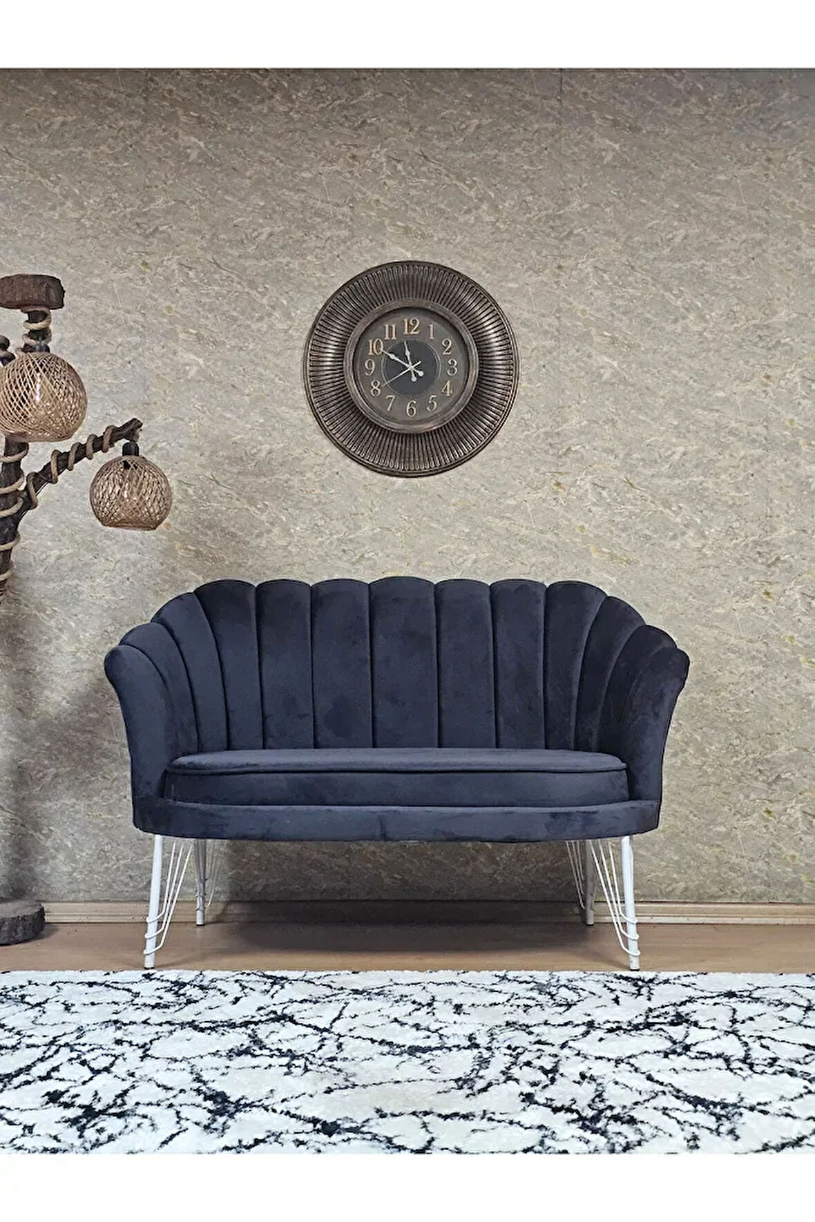 İkili İstiridye Beyaz Boyalı Telli Ayak Çay Seti Koltuk Tekli Berjer , İkili Berjer Koltuk Fume Renk 110 x 48 Boyut/Ebat