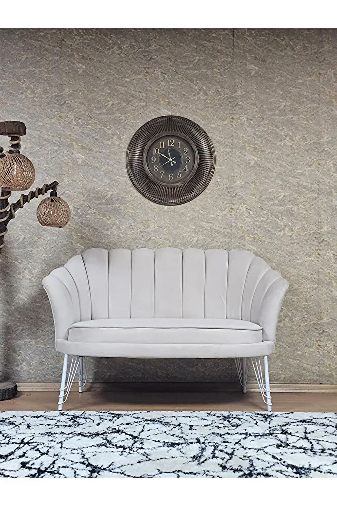 İkili İstiridye Beyaz Boyalı Telli Ayak Çay Seti Koltuk Tekli Berjer , İkili Berjer Koltuk Krem Renk 110 x 48 Boyut/Ebat