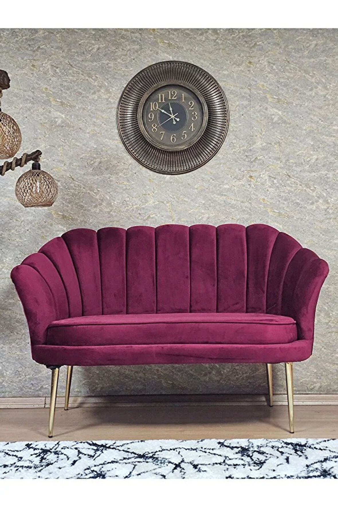 İkili İstiridye Gold Kaplama Sivriltme Ayak Çay Seti Koltuk İkili Berjer , İkili Berjer Koltuk Bordo Renk 110 x 48 Boyut/Ebat