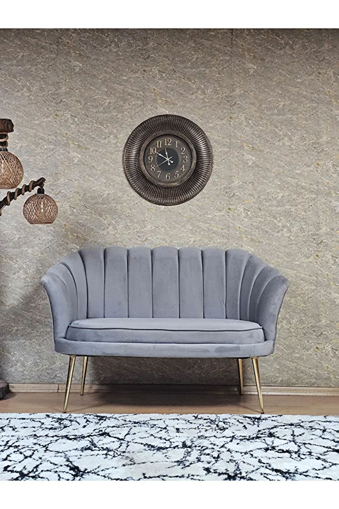 İkili İstiridye Gold Kaplama Sivriltme Ayak Çay Seti Koltuk İkili Berjer , İkili Berjer Koltuk Gri Renk 110 x 48 Boyut/Ebat