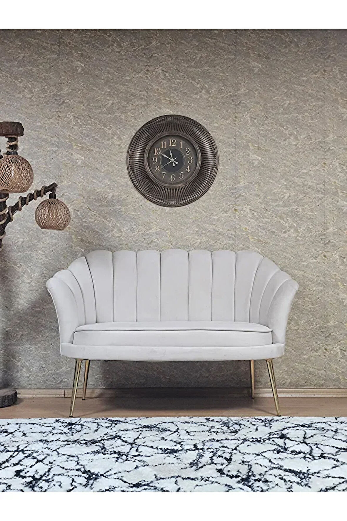 İkili İstiridye Gold Kaplama Sivriltme Ayak Çay Seti Koltuk İkili Berjer , İkili Berjer Koltuk Krem Renk 110 x 48 Boyut/Ebat