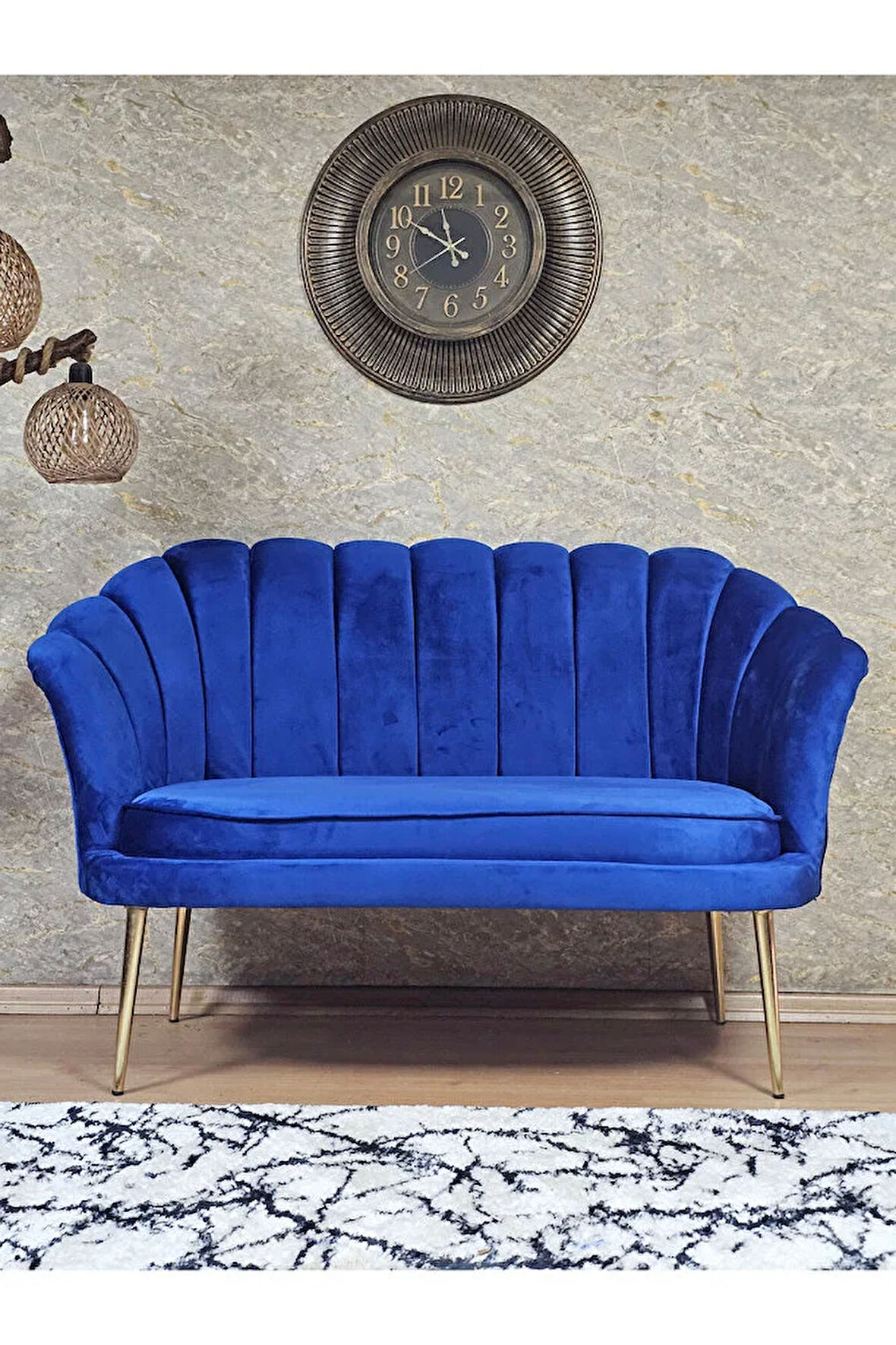 İkili İstiridye Gold Kaplama Sivriltme Ayak Çay Seti Koltuk İkili Berjer , İkili Berjer Koltuk Mavi Renk 110 x 48 Boyut/Ebat