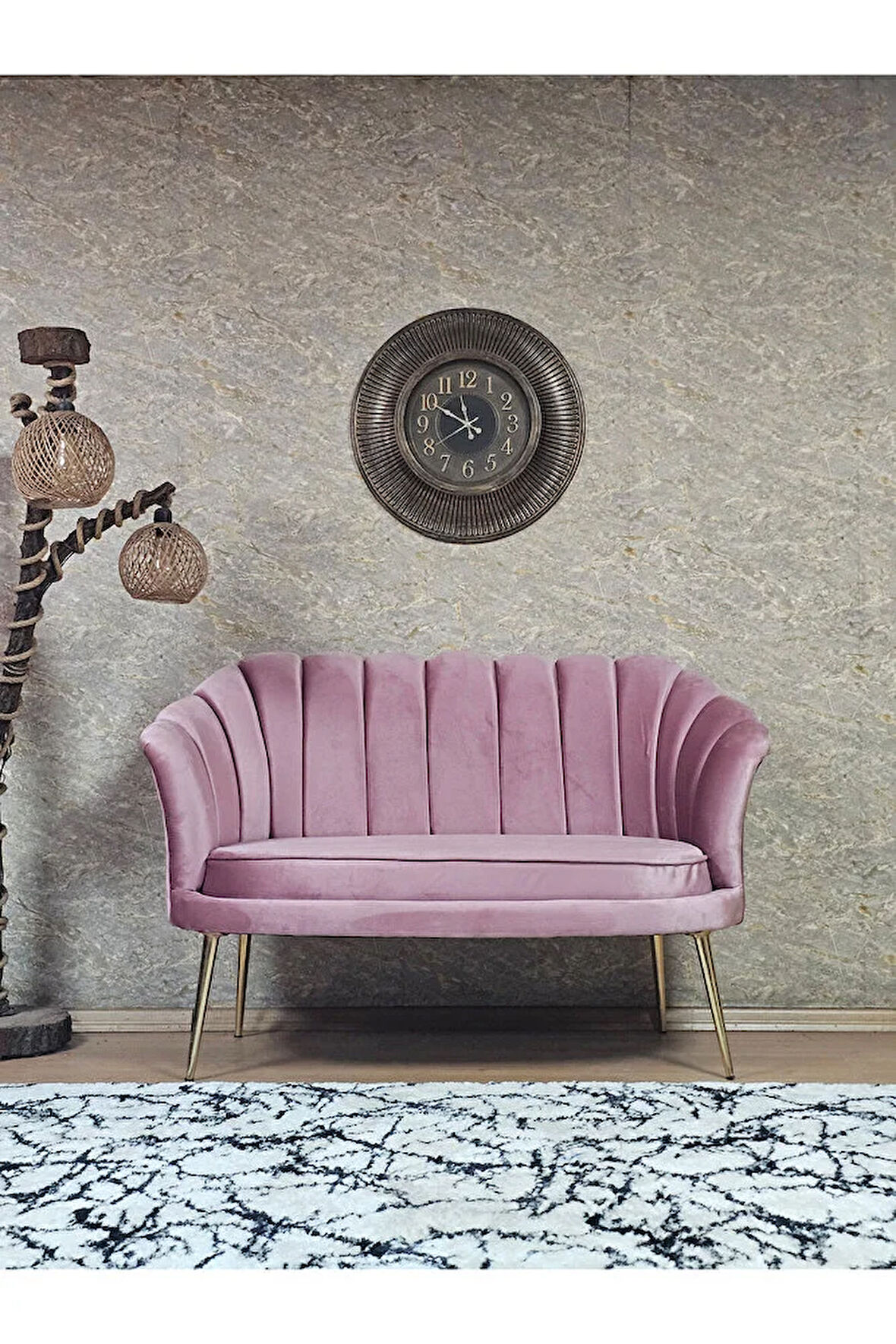 İkili İstiridye Gold Kaplama Sivriltme Ayak Çay Seti Koltuk İkili Berjer , İkili Berjer Koltuk Pembe Renk 110 x 48 Boyut/Ebat