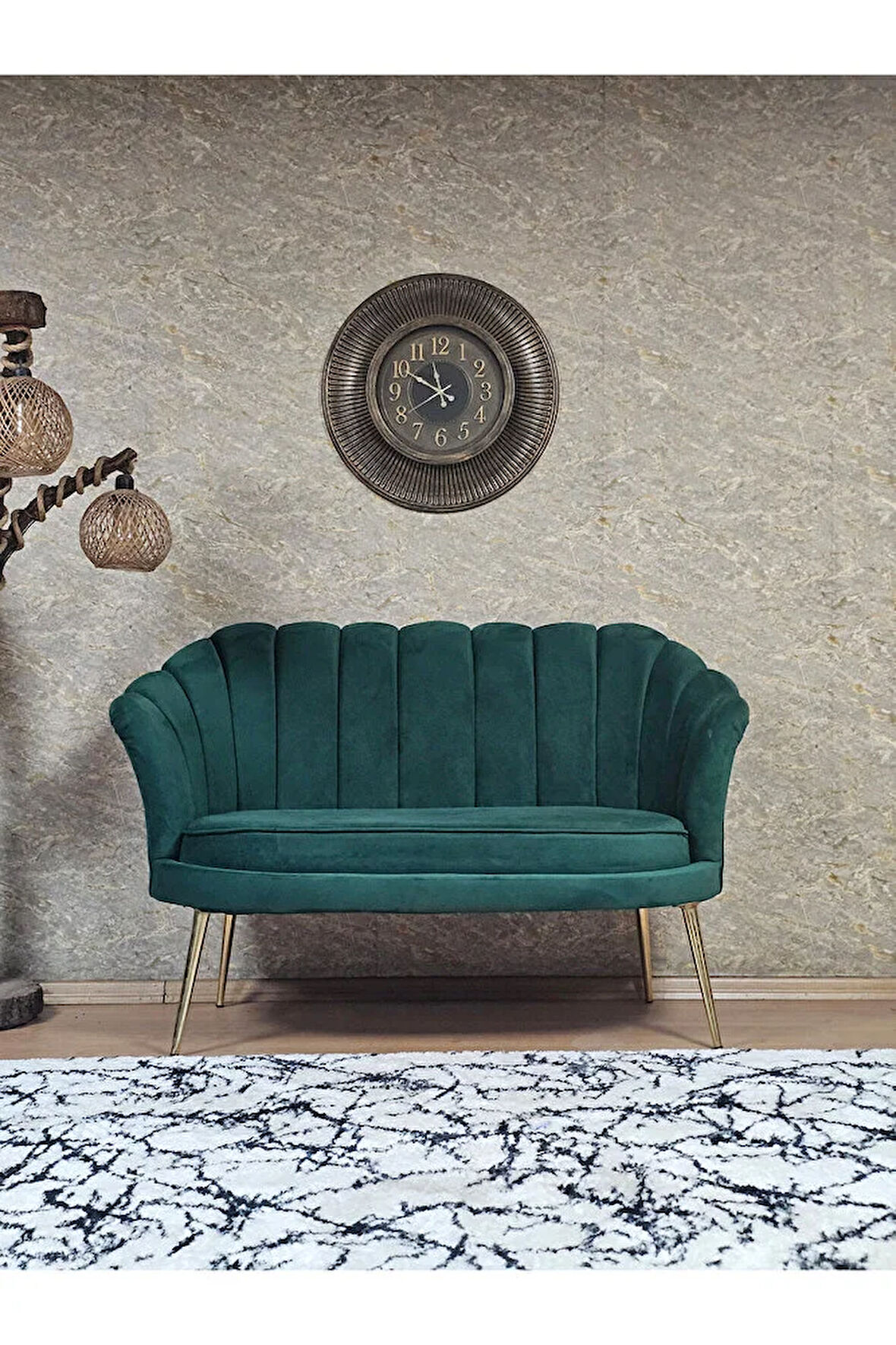 İkili İstiridye Gold Kaplama Sivriltme Ayak Çay Seti Koltuk İkili Berjer , İkili Berjer Koltuk Yeşil Renk 110 x 48 Boyut/Ebat