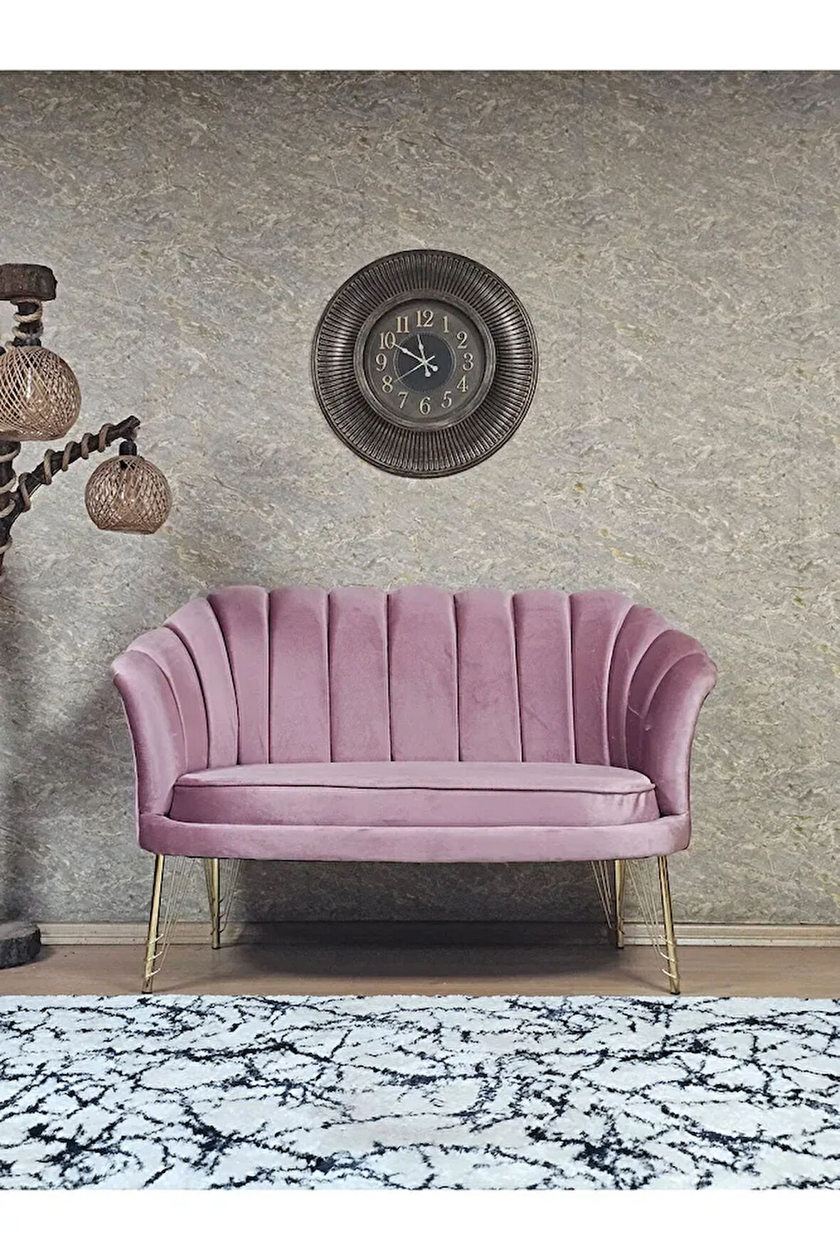 İkili İstiridye Gold Kaplama Telli Ayak Çay Seti Koltuk Tekli Berjer , İkili Berjer Koltuk Pembe Renk 110 x 48 Boyut/Ebat