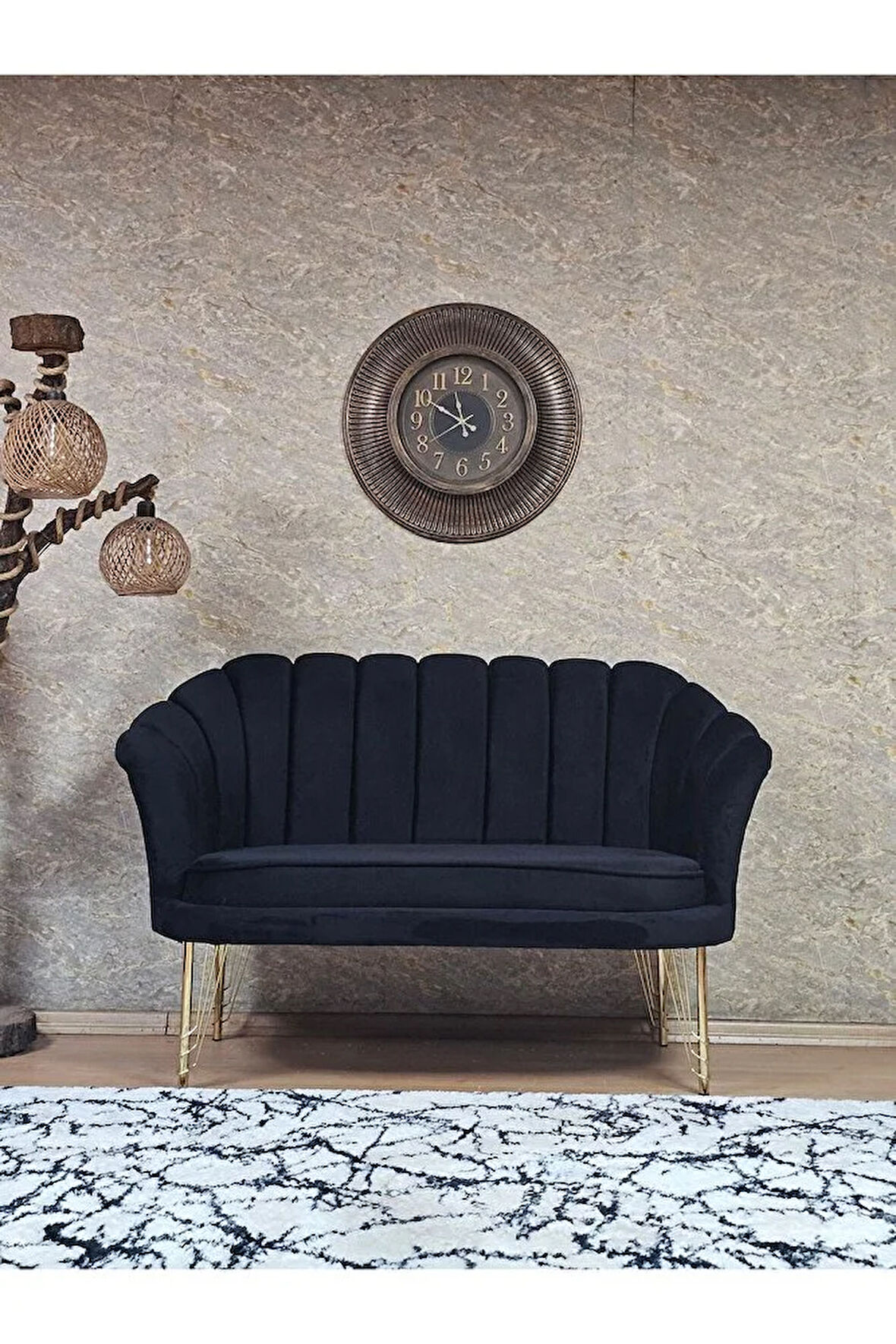 İkili İstiridye Gold Kaplama Telli Ayak Çay Seti Koltuk Tekli Berjer , İkili Berjer Koltuk Siyah Renk 110 x 48 Boyut/Ebat