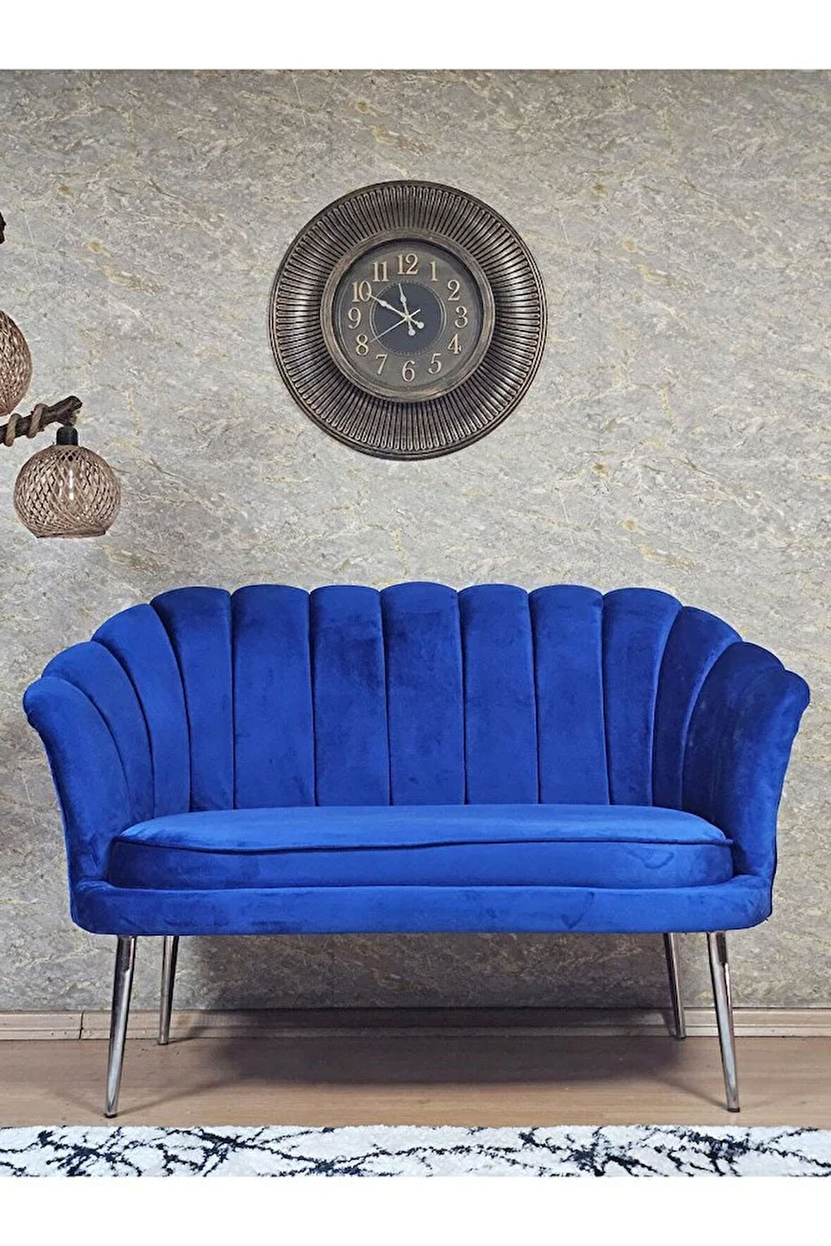 İkili İstiridye Krom Kaplama Sivriltme Ayak Çay Seti Koltuk İkili Berjer , İkili Berjer Koltuk Mavi Renk 110 x 48 Boyut/Ebat