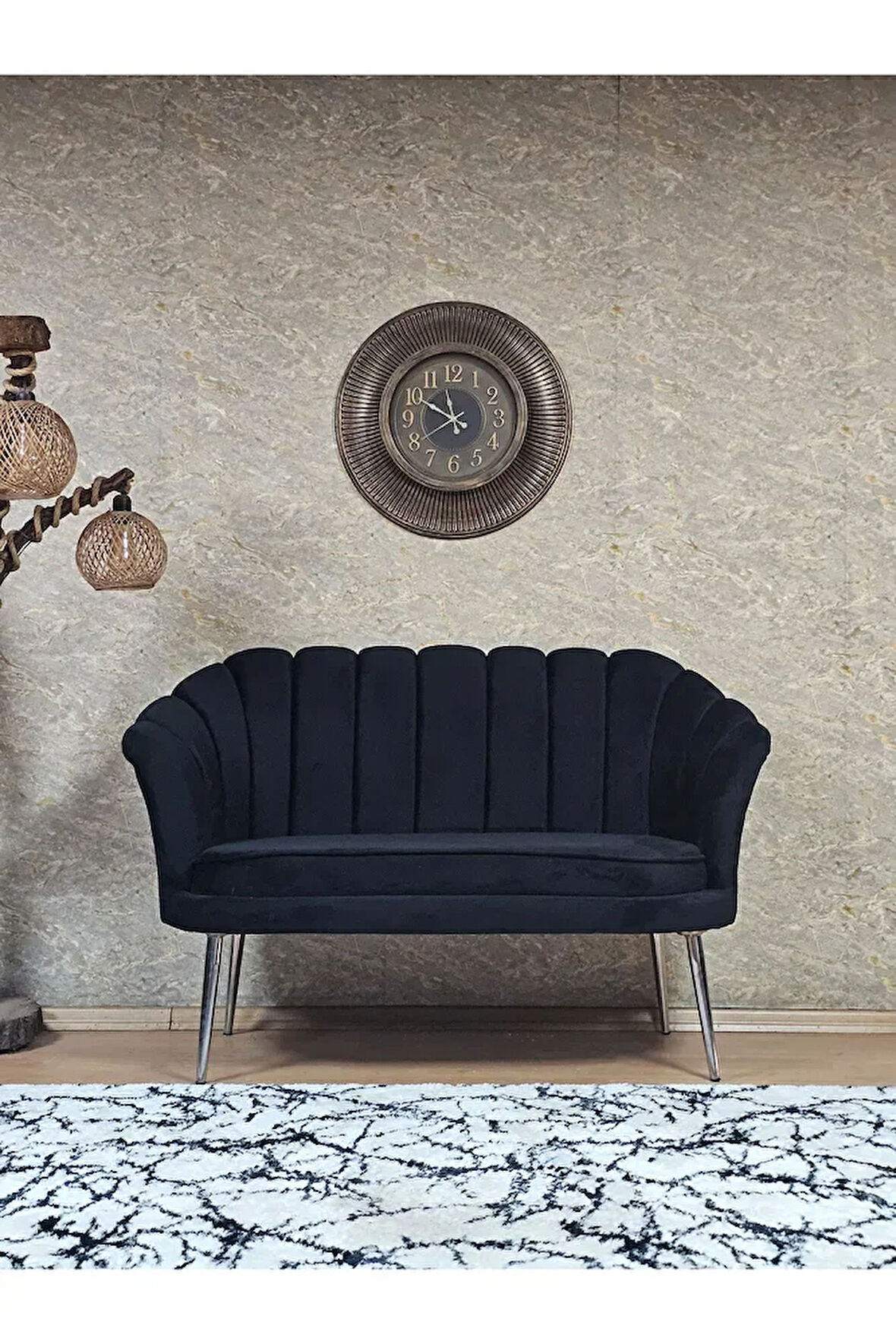 İkili İstiridye Krom Kaplama Sivriltme Ayak Çay Seti Koltuk İkili Berjer , İkili Berjer Koltuk Siyah Renk 110 x 48 Boyut/Ebat