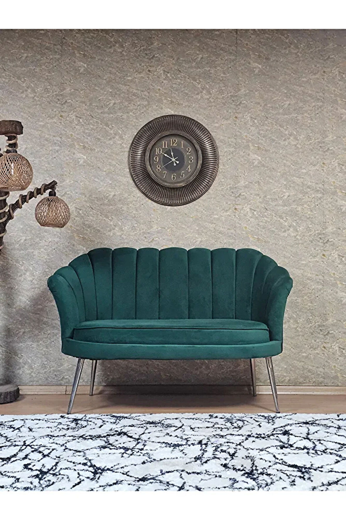 İkili İstiridye Krom Kaplama Sivriltme Ayak Çay Seti Koltuk İkili Berjer , İkili Berjer Koltuk Yeşil Renk 110 x 48 Boyut/Ebat