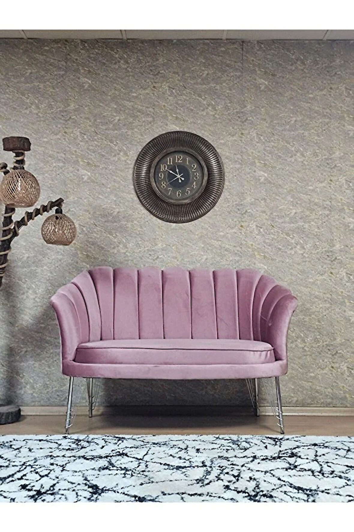 İkili İstiridye Krom Kaplama Telli Ayak Çay Seti Koltuk Tekli Berjer , İkili Berjer Koltuk Pembe Renk 110 x 48 Boyut/Ebat