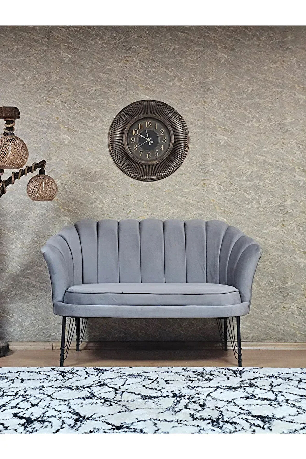 İkili İstiridye Siyah Boyalı Telli Ayak Çay Seti Koltuk Tekli Berjer , İkili Berjer Koltuk Gri Renk 110 x 48 Boyut/Ebat