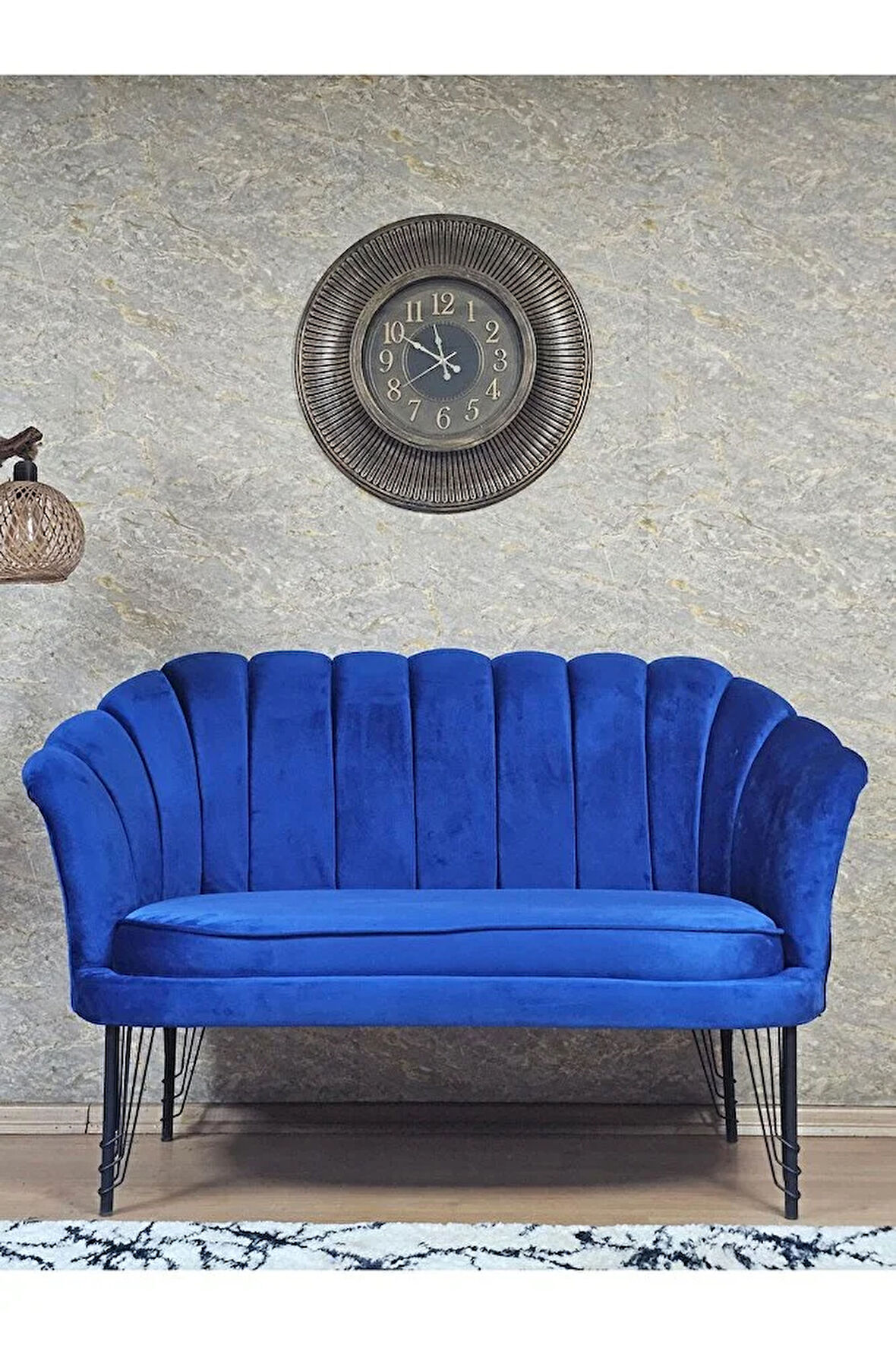 İkili İstiridye Siyah Boyalı Telli Ayak Çay Seti Koltuk Tekli Berjer , İkili Berjer Koltuk Mavi Renk 110 x 48 Boyut/Ebat