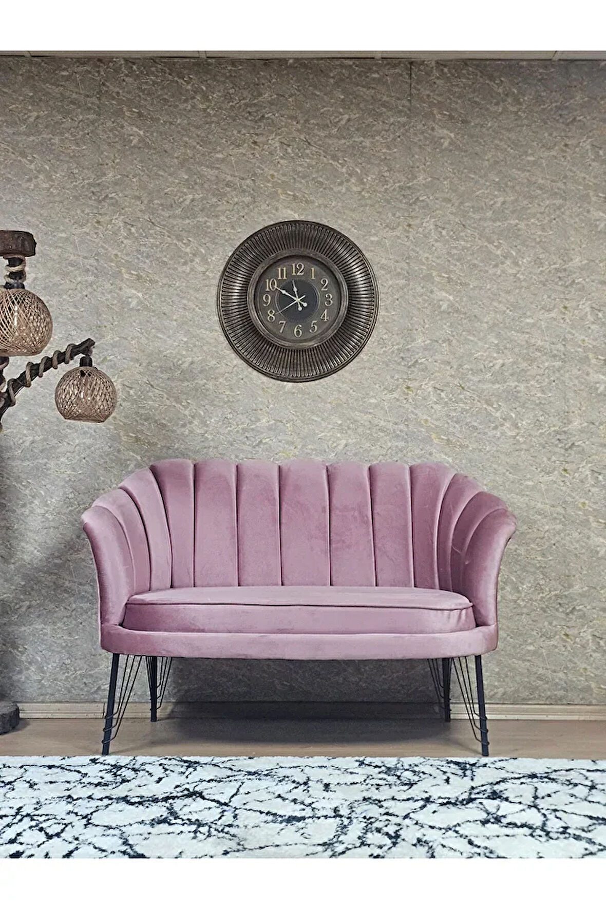 İkili İstiridye Siyah Boyalı Telli Ayak Çay Seti Koltuk Tekli Berjer , İkili Berjer Koltuk Pembe Renk 110 x 48 Boyut/Ebat