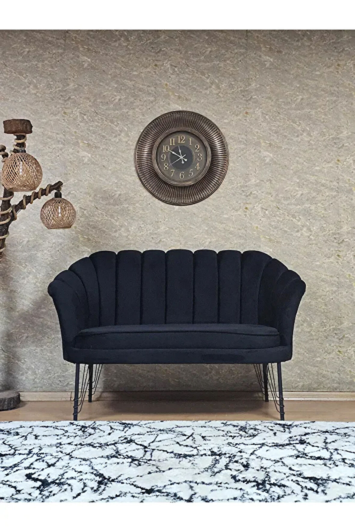 İkili İstiridye Siyah Boyalı Telli Ayak Çay Seti Koltuk Tekli Berjer , İkili Berjer Koltuk Siyah Renk 110 x 48 Boyut/Ebat