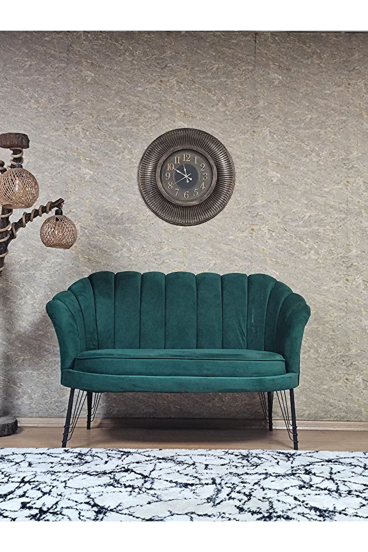 İkili İstiridye Siyah Boyalı Telli Ayak Çay Seti Koltuk Tekli Berjer , İkili Berjer Koltuk Yeşil Renk 110 x 48 Boyut/Ebat