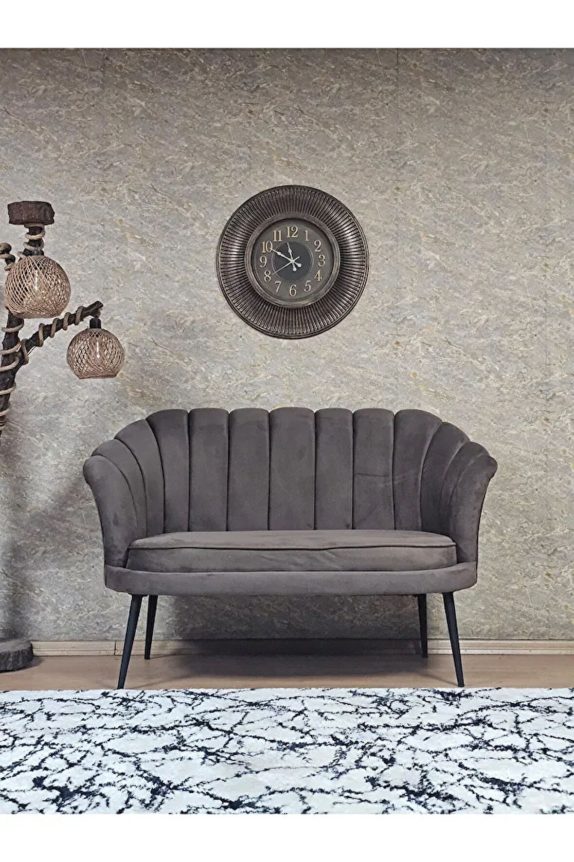 İkili İstiridye Siyah Boyalı Sivriltme Ayak Çay Seti Koltuk İkili Berjer , İkili Berjer Koltuk Kahverengi Renk 110 x 48 Boyut/Ebat