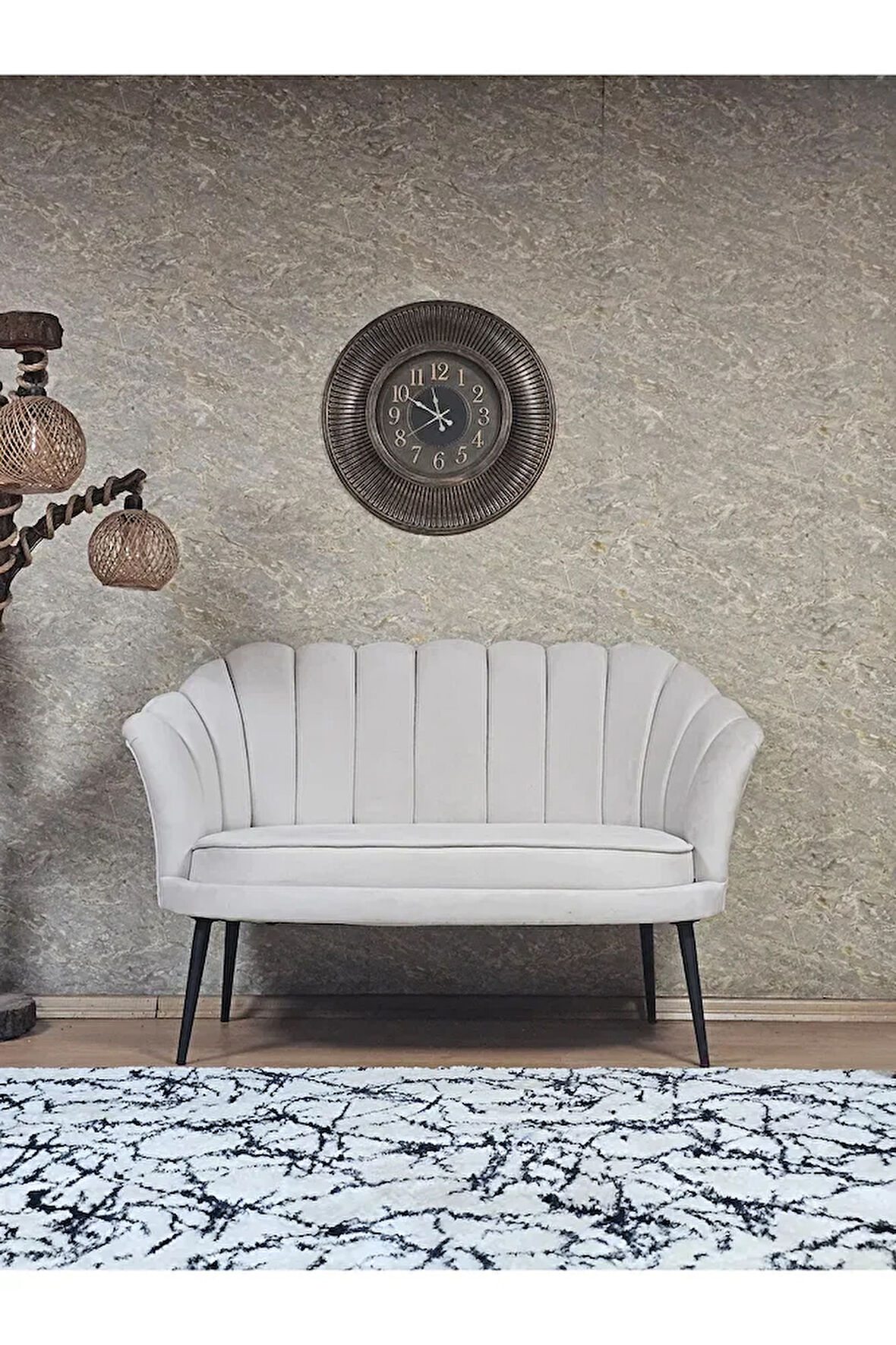 İkili İstiridye Siyah Boyalı Sivriltme Ayak Çay Seti Koltuk İkili Berjer , İkili Berjer Koltuk Krem Renk 110 x 48 Boyut/Ebat