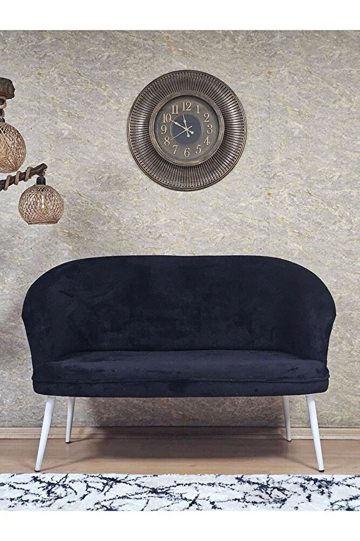 İkili TEDDY Beyaz Boyalı Sivriltme Ayak Çay Seti Koltuk İkili Berjer , Balkon, Salon, Ofis Siyah Renk 40,5 Boyut/Ebat