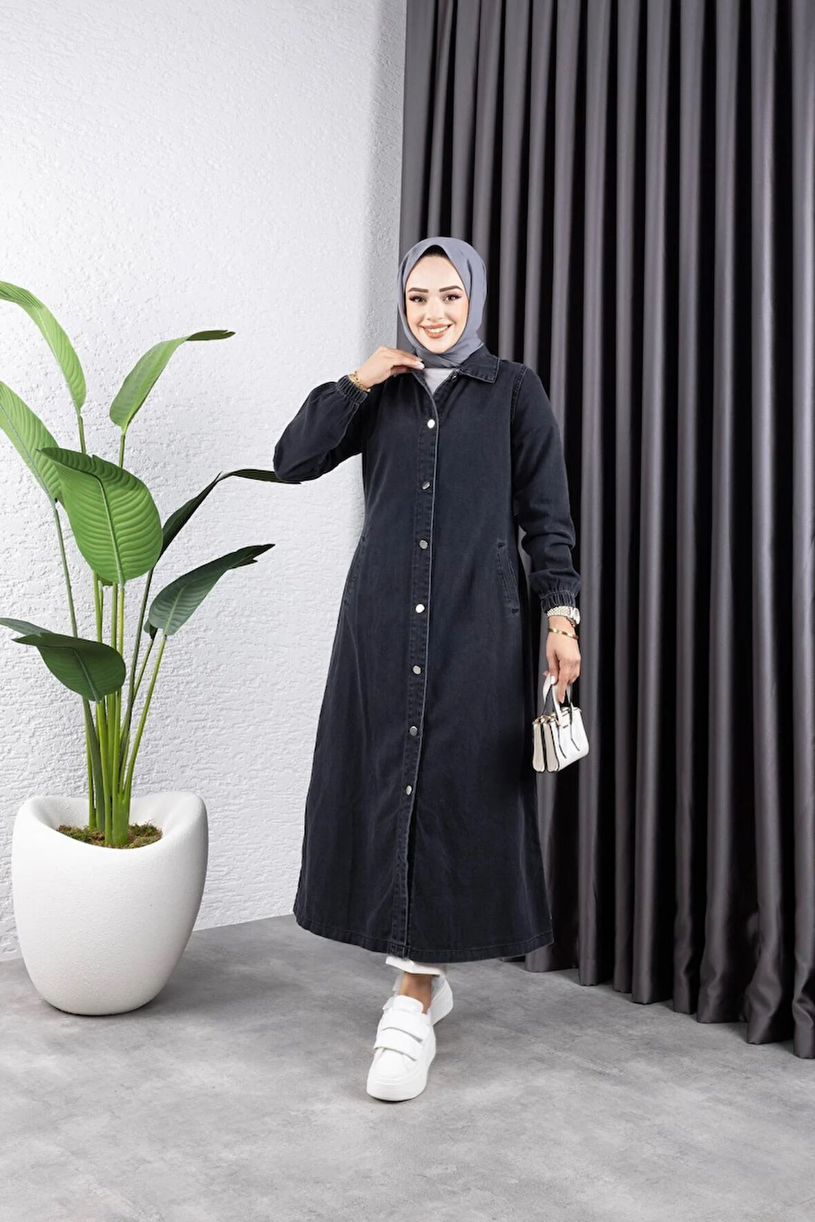 Kadın Cepli Düğmeli Denim Kot Trençkot