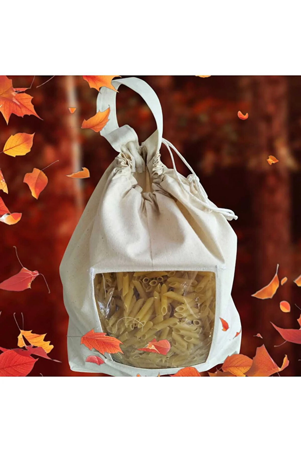 Makarna Saklama Torbası | Pamuk Ham Bez | Asetat Pencereli, İpli ve Saplı Doğal Bez Poşet |