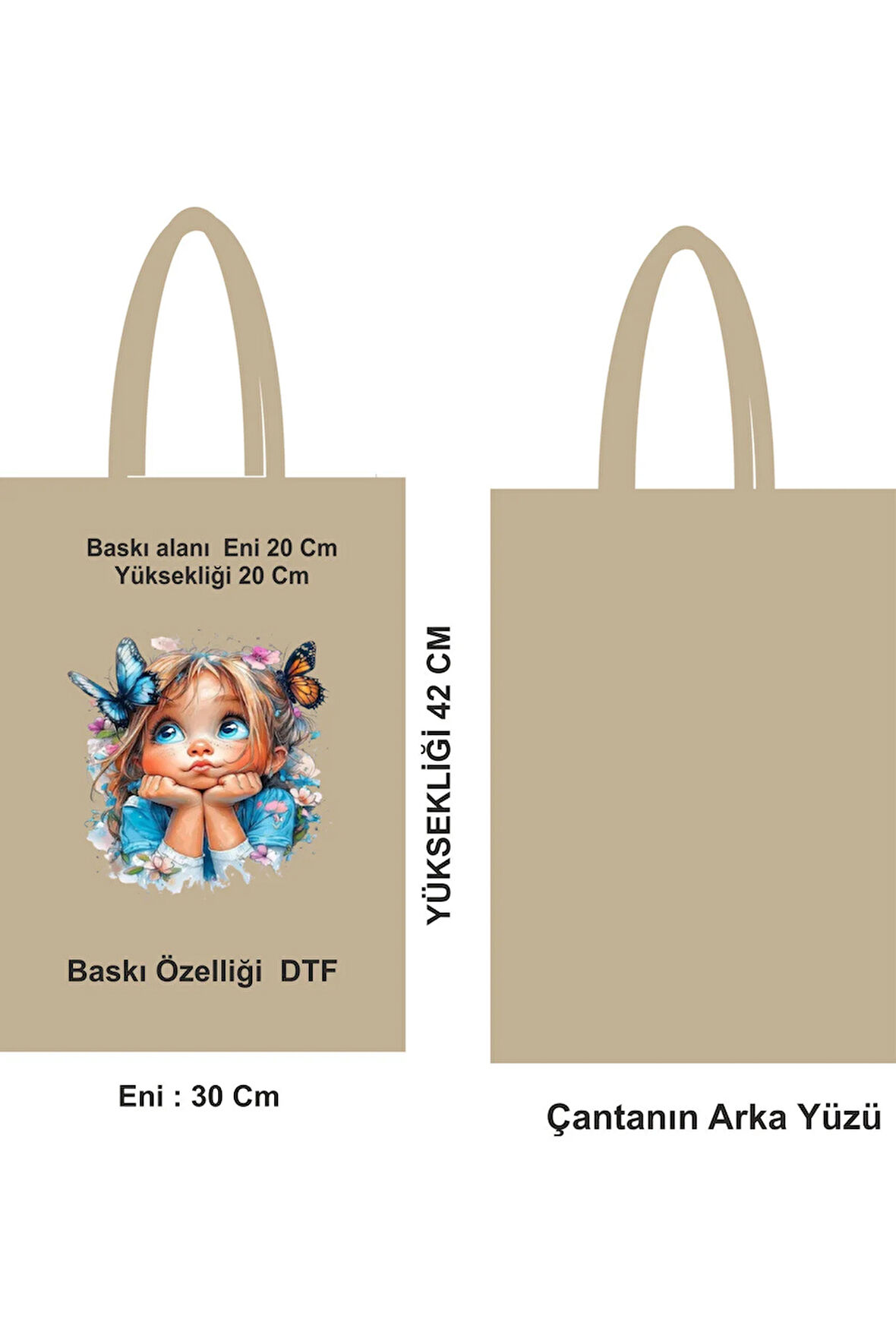 46 Tel DTF Baskılı Saplı Bez Poşet – 30x42 cm Ham Bez