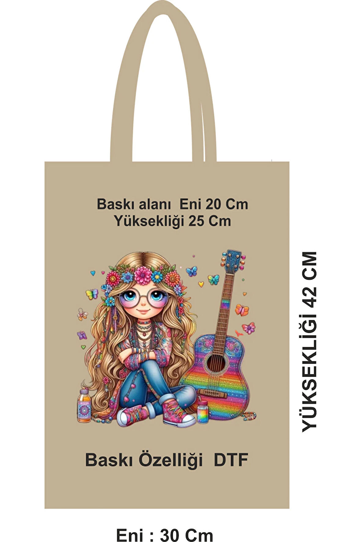 46 Tel DTF Baskılı Bez Poşet – 30x42 cm Saplı Ham Bez