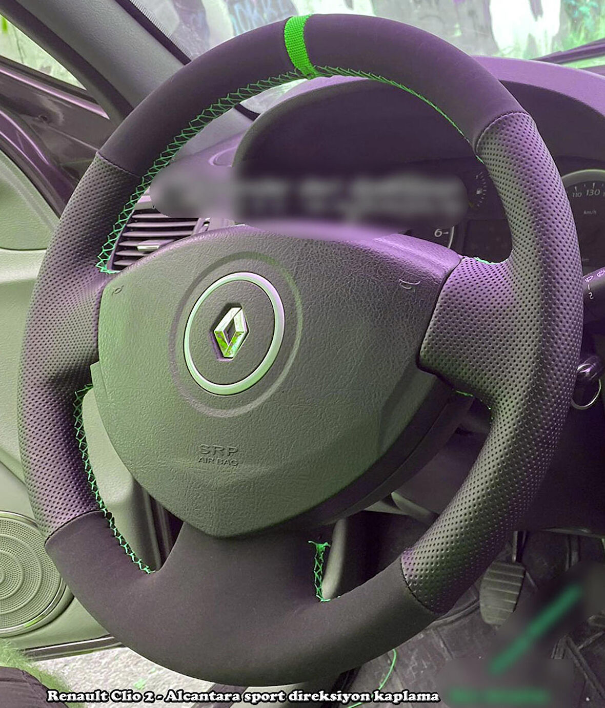 Renault Clio 2 Araca Özel Direksiyon Kılıfı (Noktalı Nubuk Yeşil Yüzüklü)