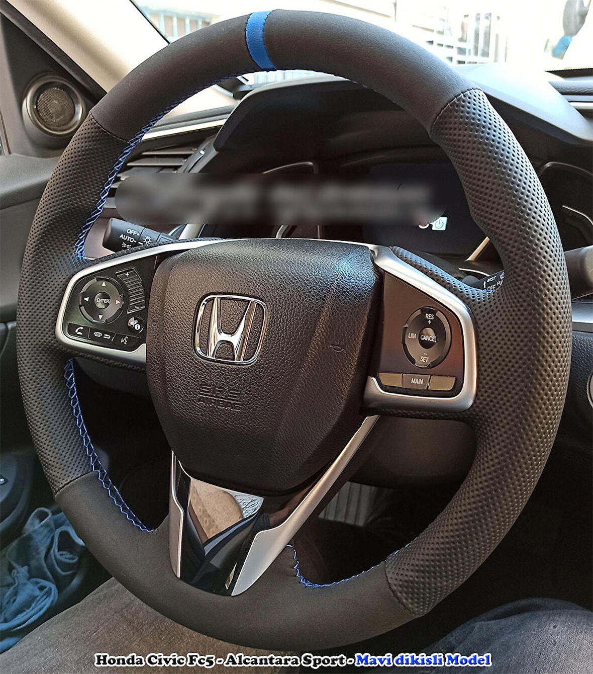 Honda Civic F5 Araca Özel Direksiyon Kılıfı (Alcantra Nokta Mavi Yüzük)