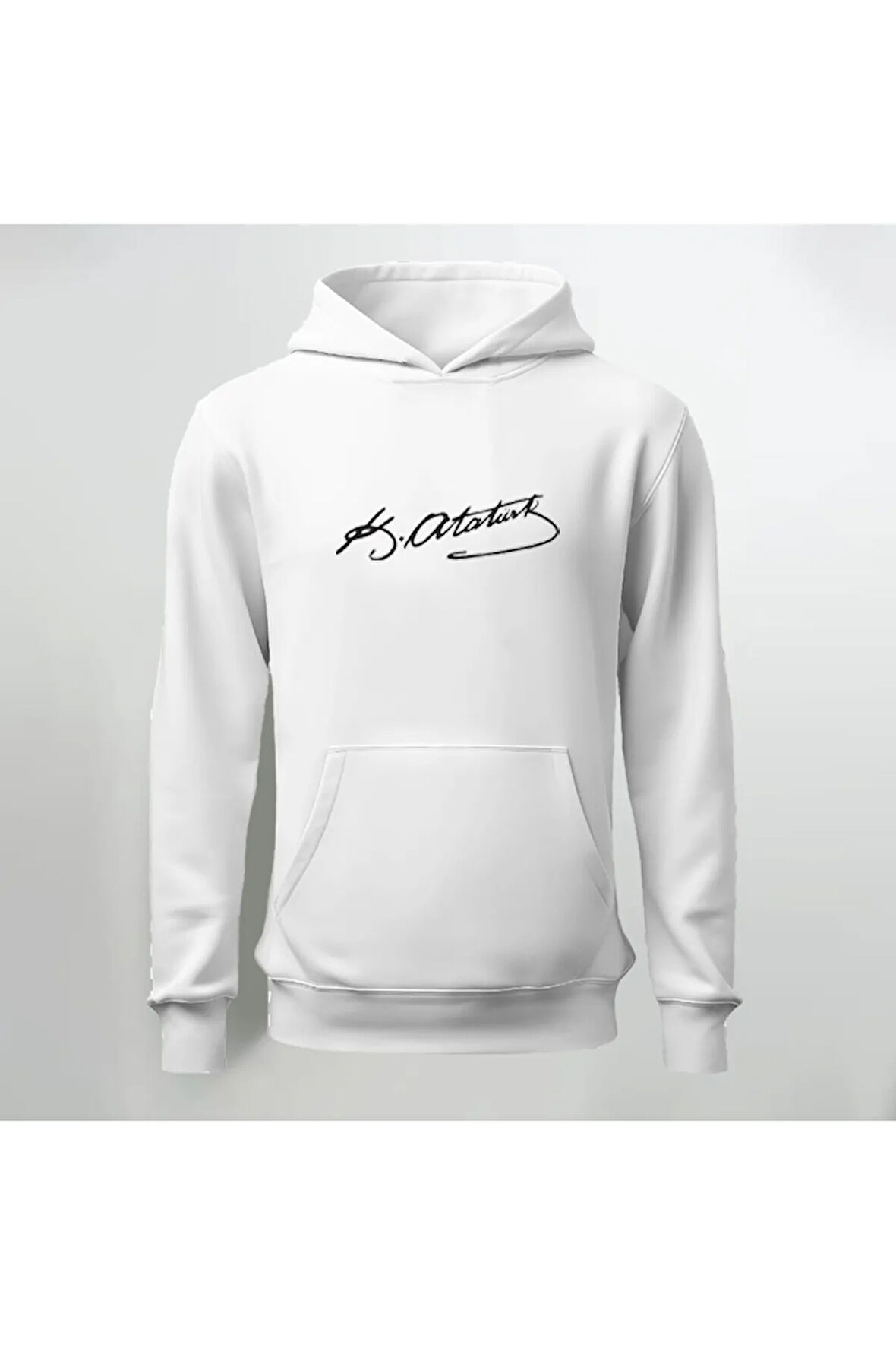Mustafa Kemal Atatürk İmza Baskılı Beyaz Kapüşonlu Sweatshirt Hoodie Kalın Kumaş 3 İplik Şardonlu