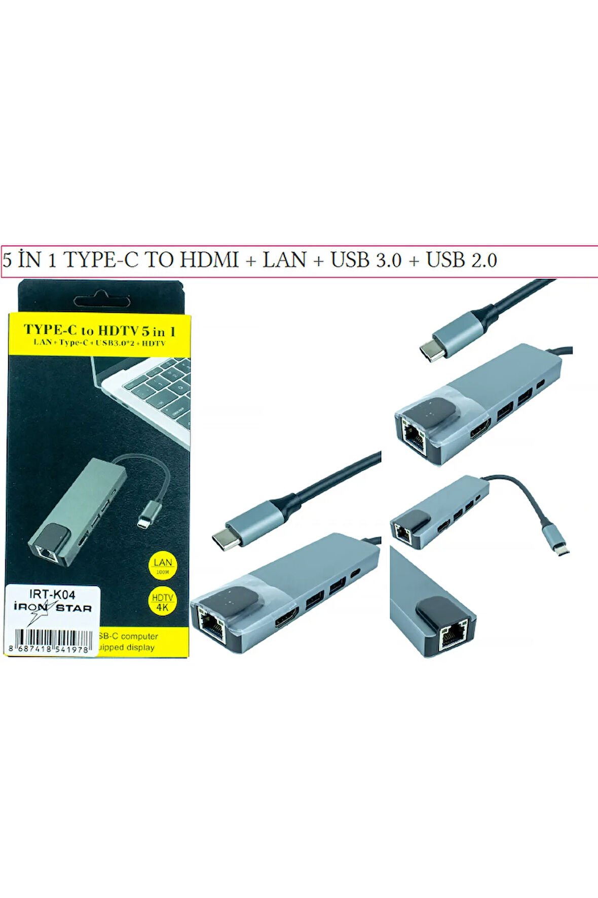 5 İN 1 TYPE-C TO HDMI LAN USB 3.0 USB 2.0 Tablet PC Telefon TV Monitör