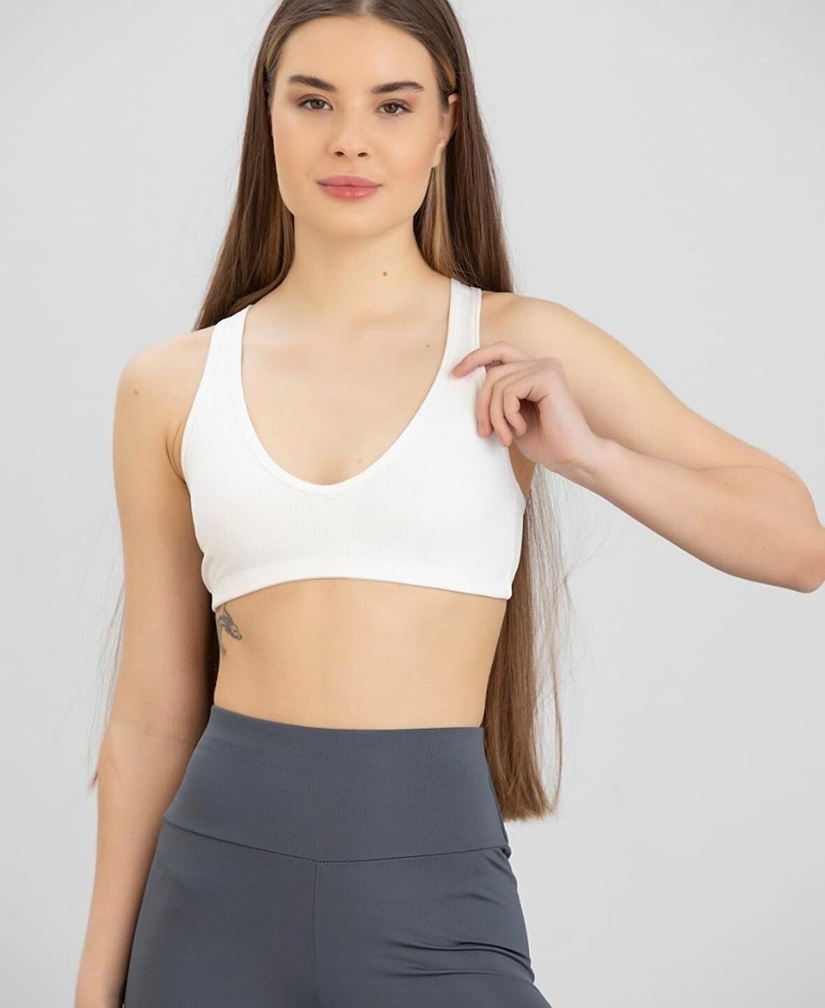 Aurafit Fitilli Derin U Yaka Kalın İp Askılı Arkası Çapraz Büstiyer/Croptop - 9044