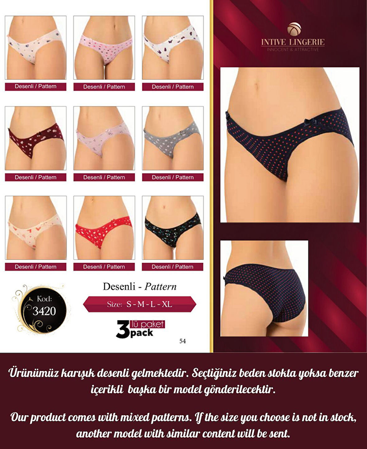 Intive Çiçek ve Kalp Desenli Yanları Kurdele Detaylı Pamuklu 3'lü Günlük Kullanım Külot