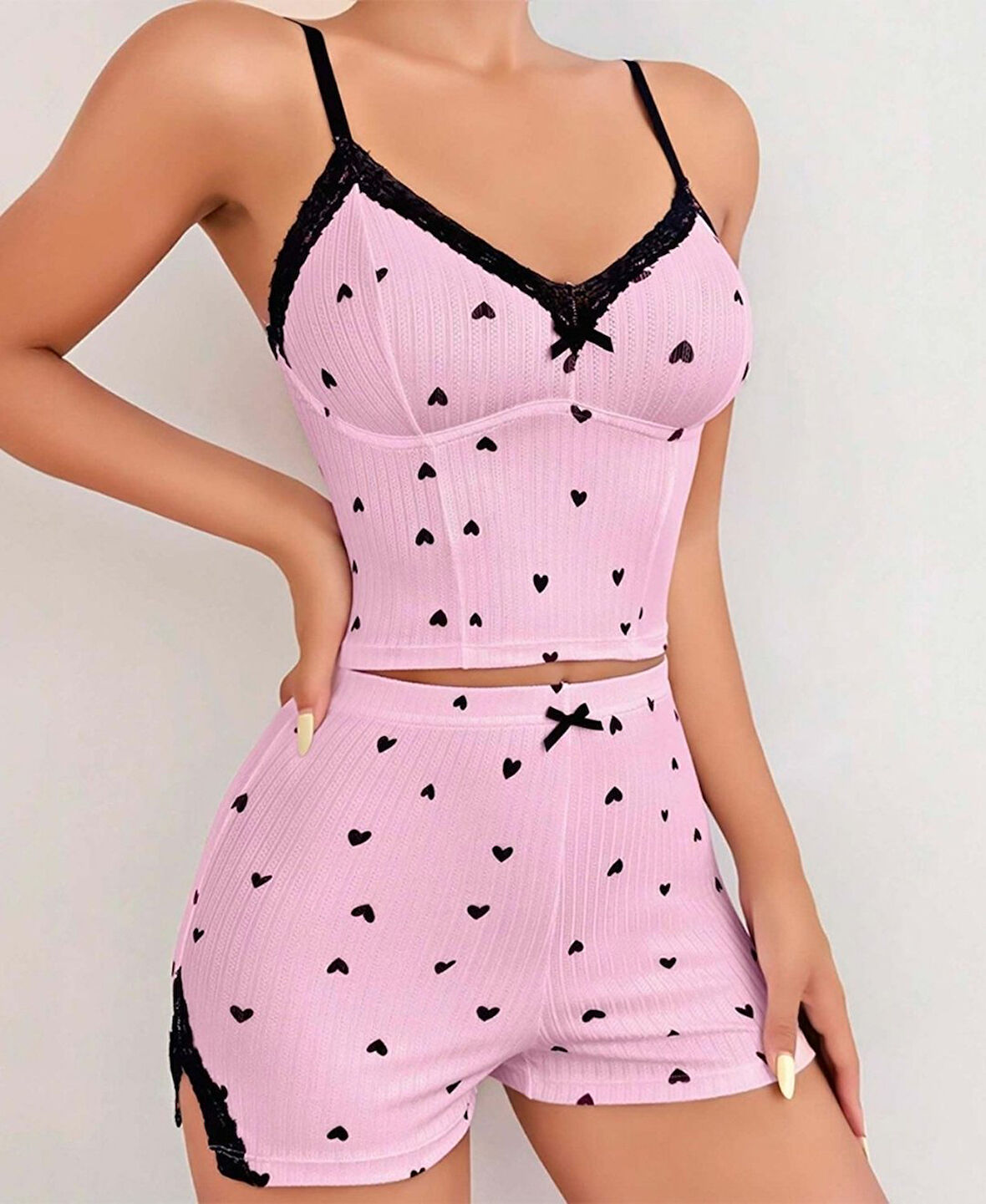 Lily Bianca %100 Pamuk Penye Kalp Desenli Pembe Büstiyer/Şort Takım-Pijama-13006