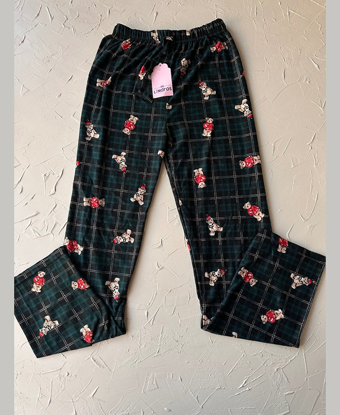Lindros Kadife Zümrüt Yeşili Kare Desen Vintage Ayıcık Desenli %100 Pamuk Pijama Altı