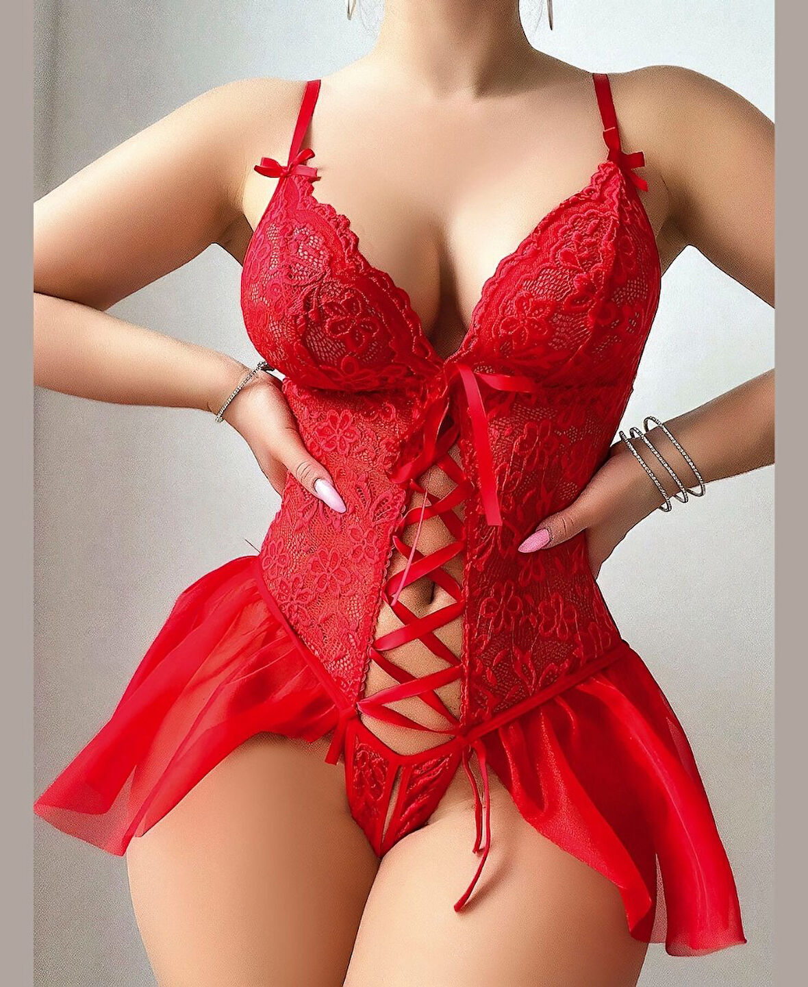 Intive Yılbaşı Dantelli İnce Askılı Önü Çapraz Bağlamalı Kırmızı Bodysuit-3670/Limited