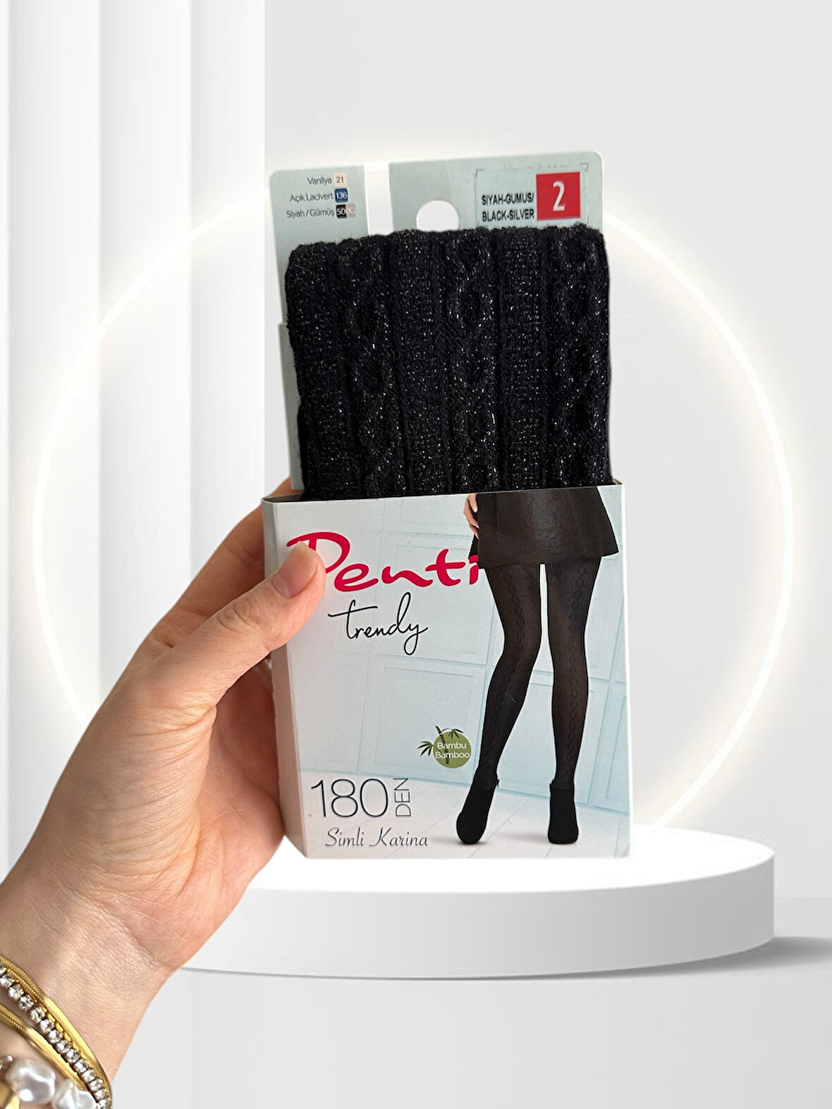 Penti Simli Karina Bambu 180 Den Siyah-Gümüş Renk Parlak İpli Desenli Külotlu Çorap