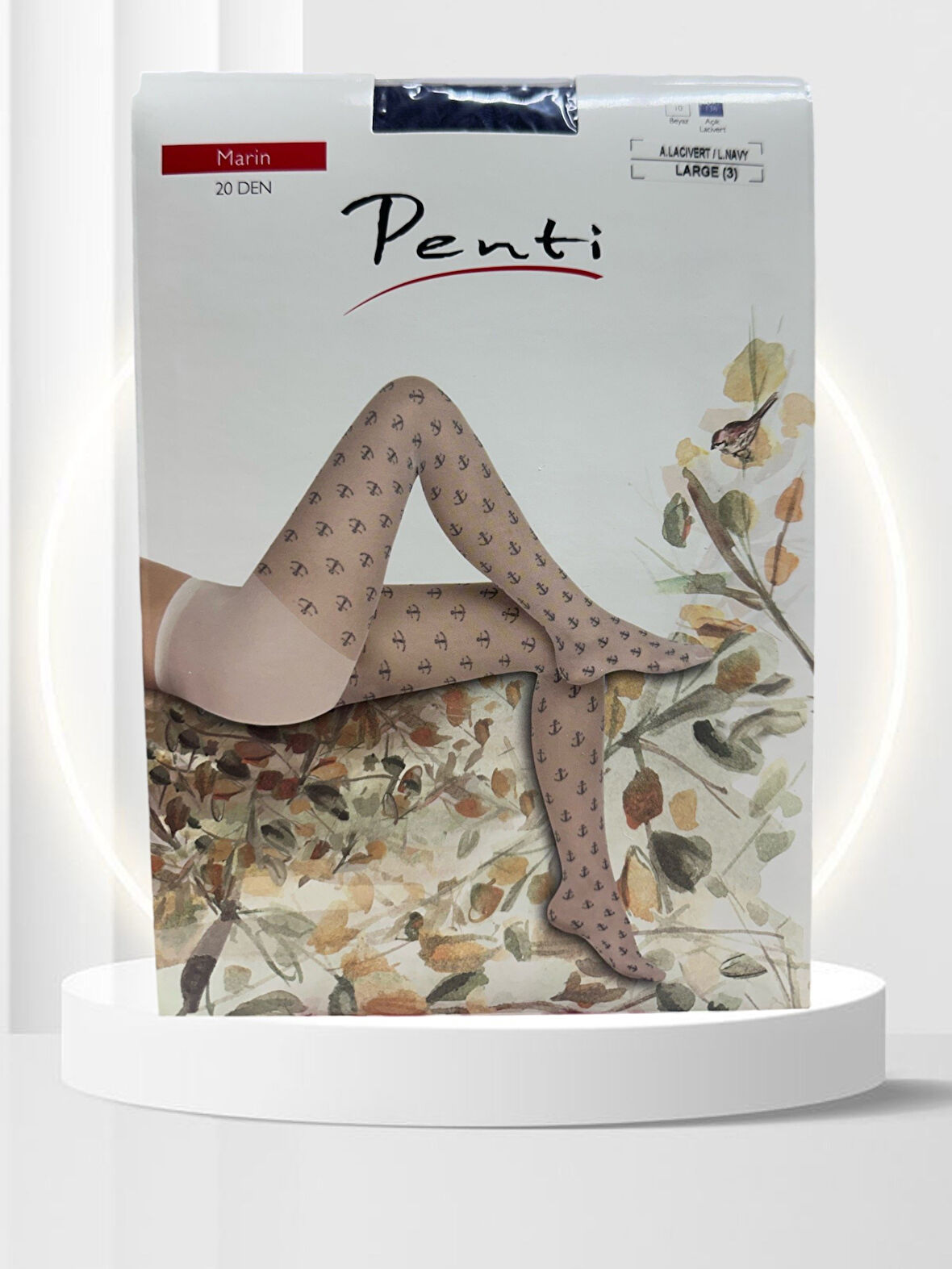 Penti Beyaz Mavi Marin Desenli 20 Den Külotlu Pamuk Ağlı Çorap-Beyaz/Lacivert