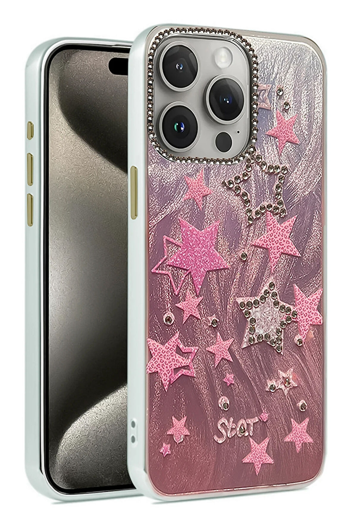 Apple iPhone 15 Pro Kılıf Parlak Desenli Taşlı Azn-Blade