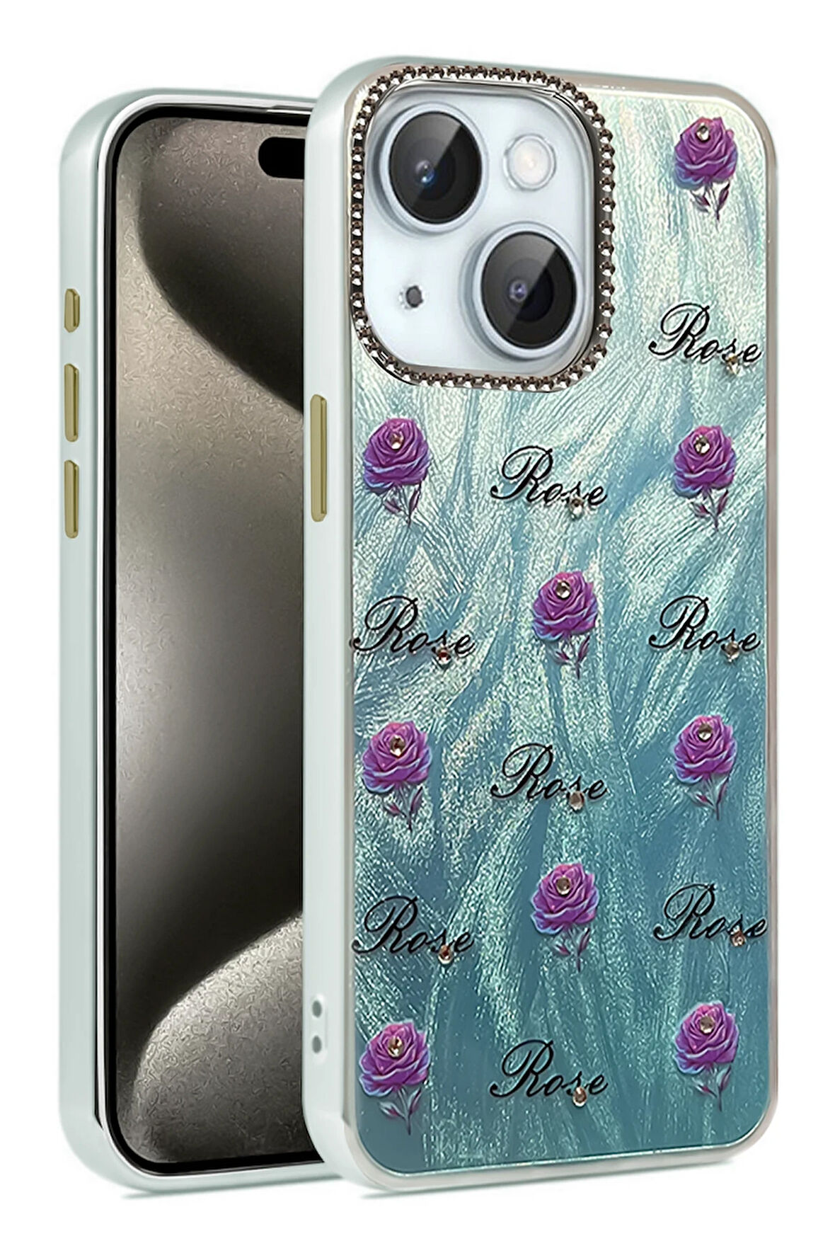 Apple iPhone 15 Plus Kılıf Parlak Desenli Taşlı Azn-Blade