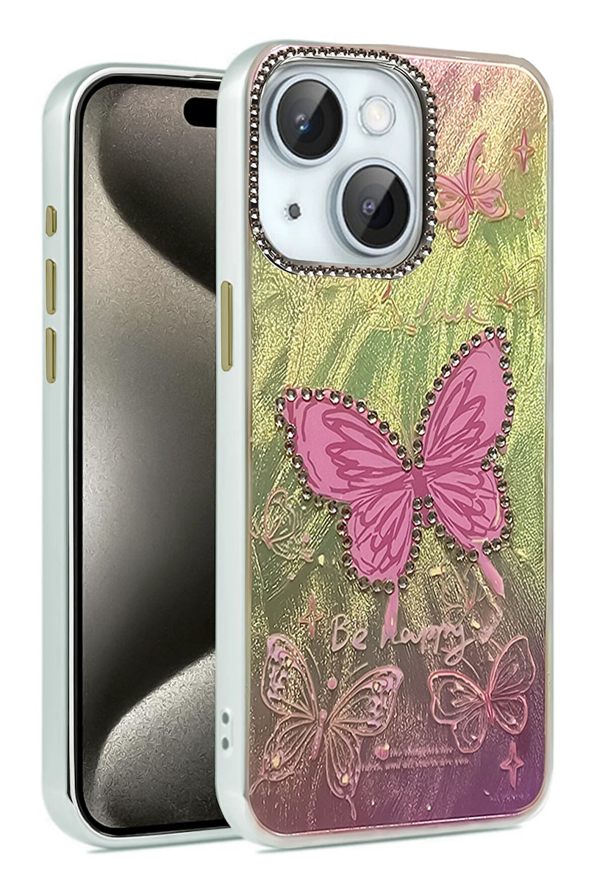 Apple iPhone 15 Plus Kılıf Parlak Desenli Taşlı Azn-Blade