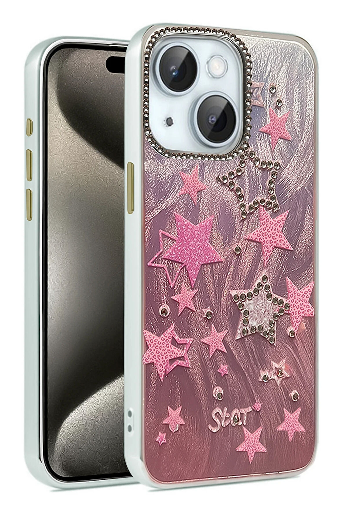 Apple iPhone 15 Plus Kılıf Parlak Desenli Taşlı Azn-Blade
