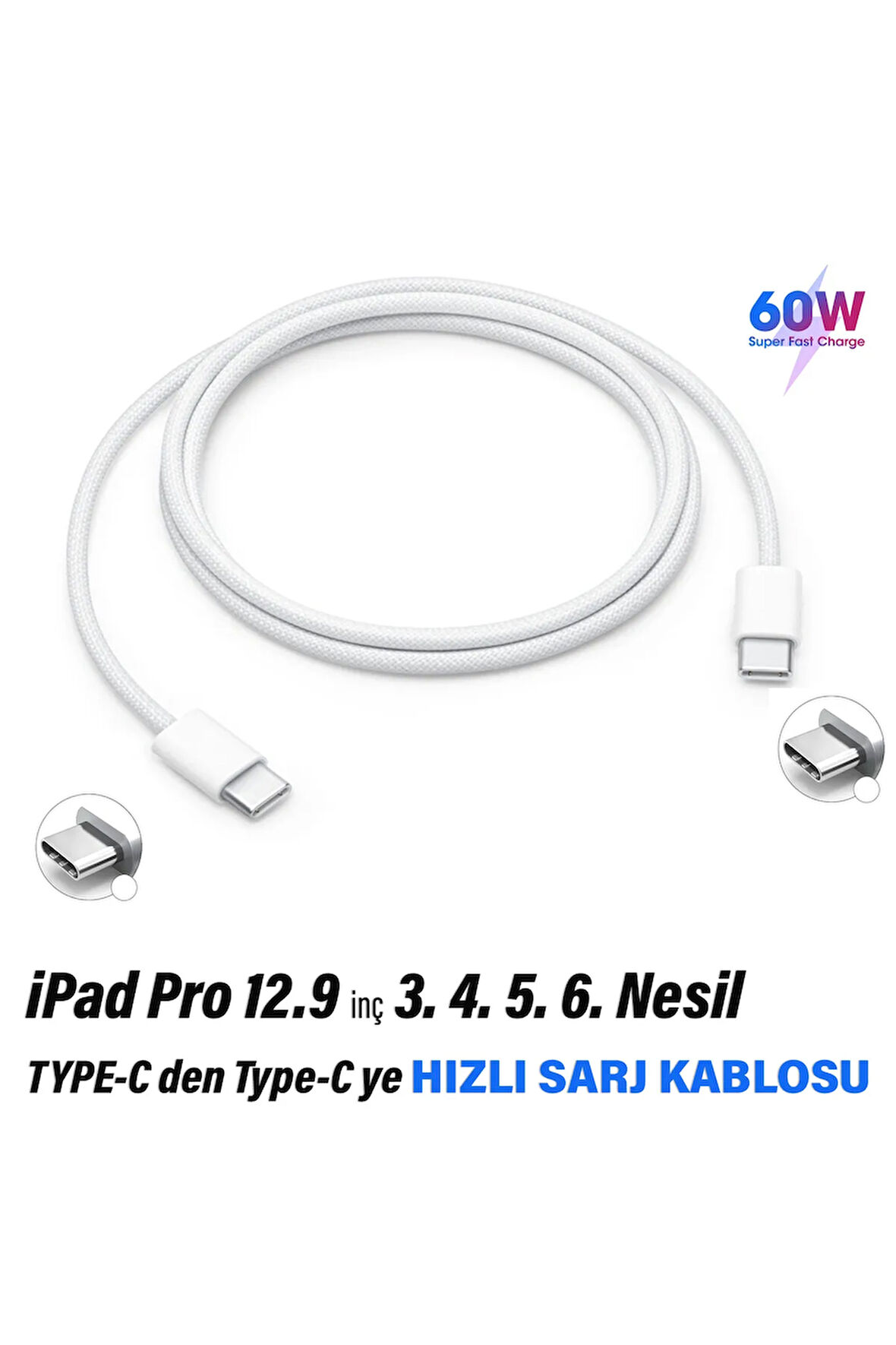 Tablet iPad Pro 12.9inç 3. 4. 5. 6. Nesil Uyumlu Şarj Kablosu Type-C 60W