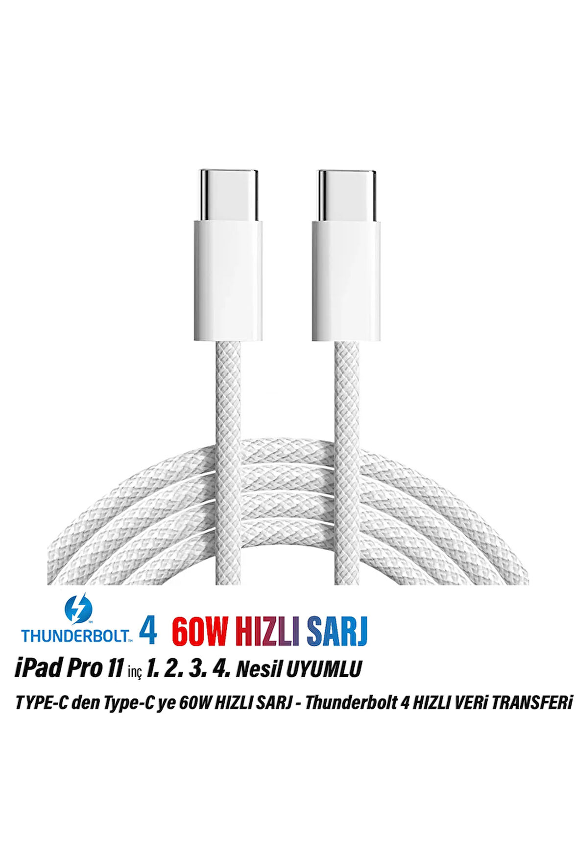 iPad Pro 11 inç 1. 2. 3. 4. Nesil Tablet Şarj Kablosu Type-C Thunderbolt 4 60W